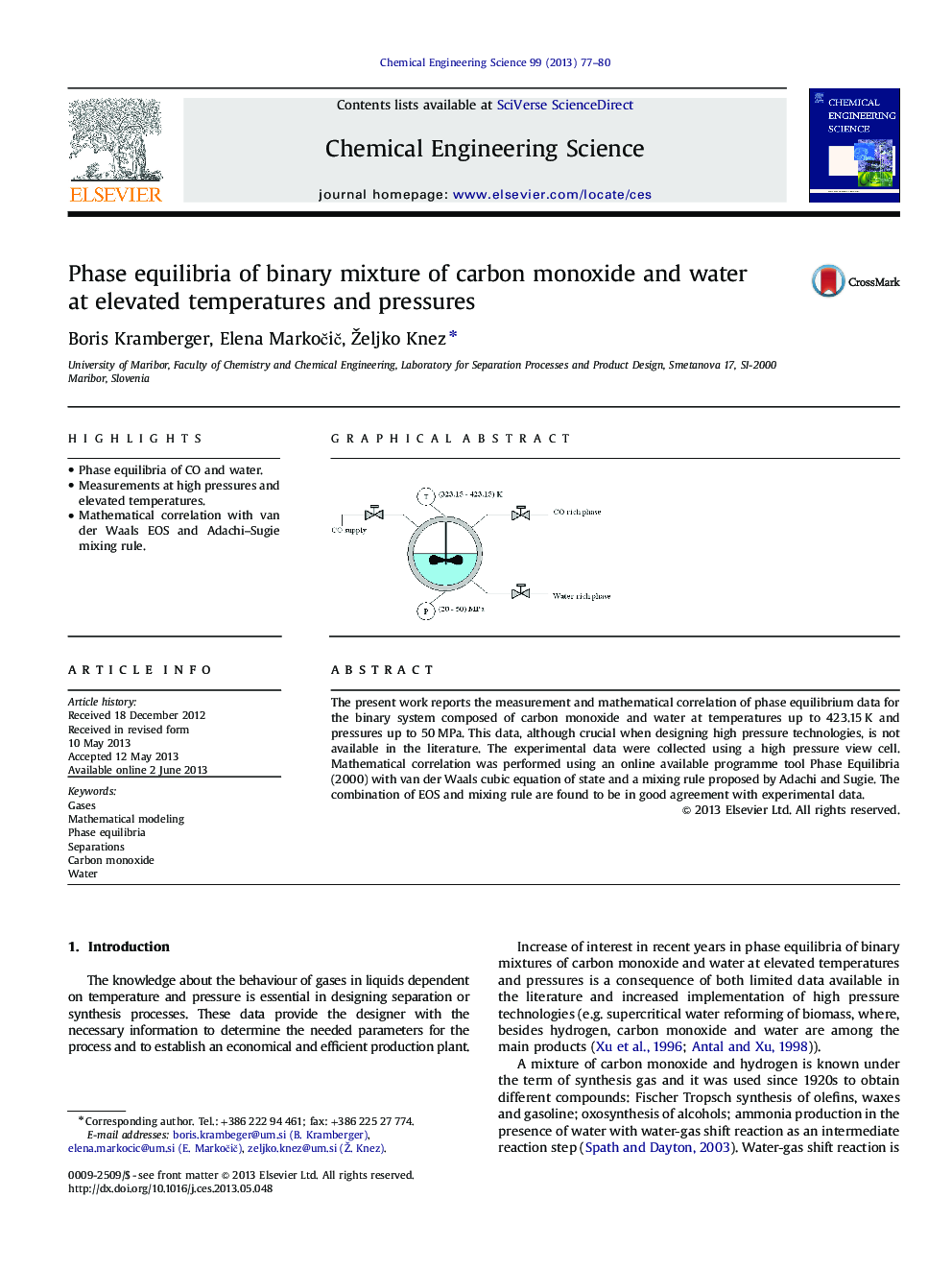 Phase equilibria of binary mixture of carbon monoxide and water at elevated temperatures and pressures