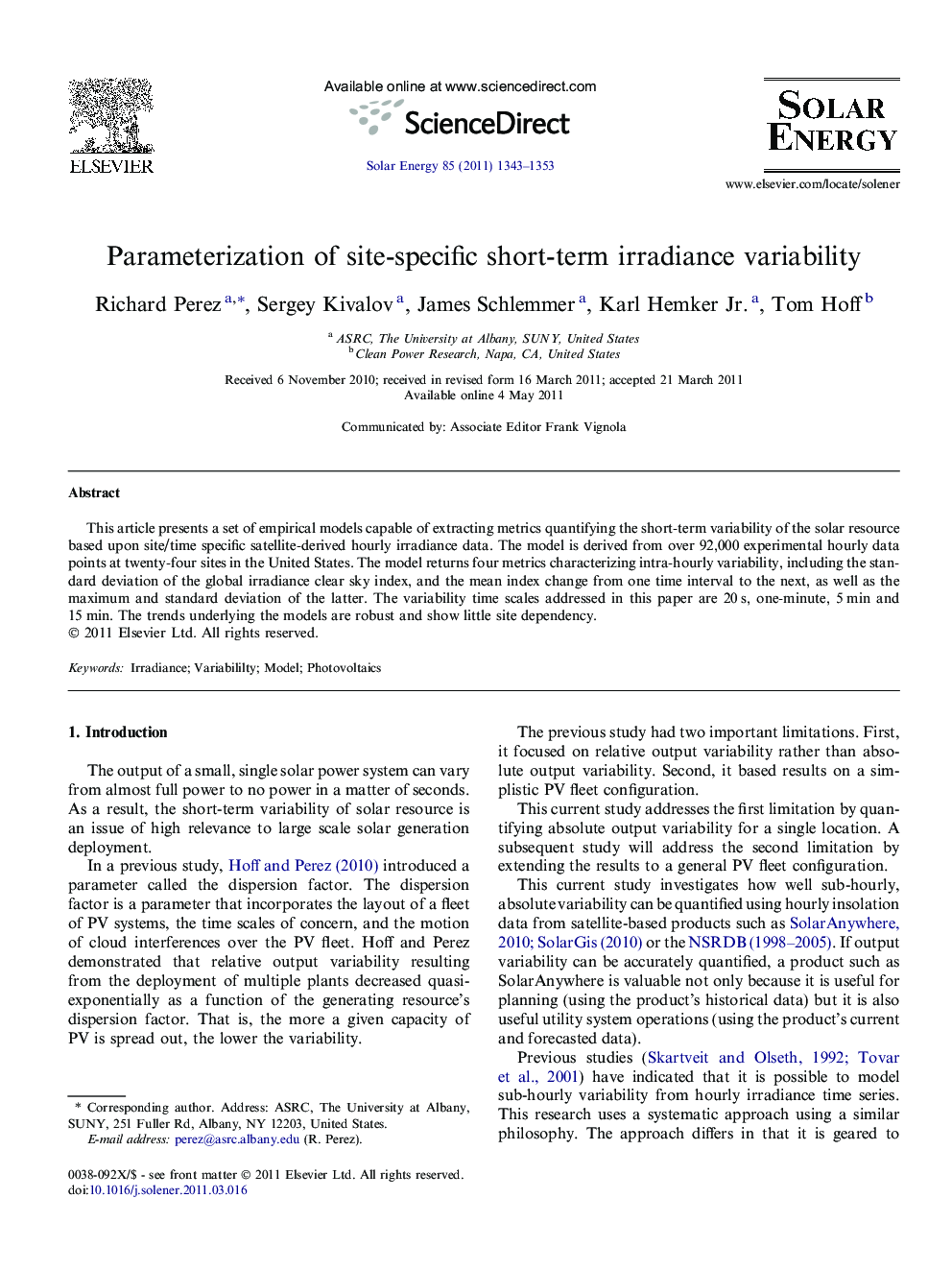 Parameterization of site-specific short-term irradiance variability
