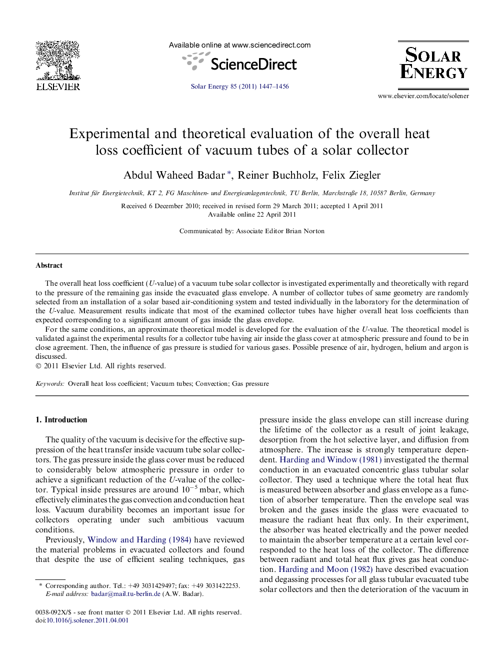 Experimental and theoretical evaluation of the overall heat loss coefficient of vacuum tubes of a solar collector