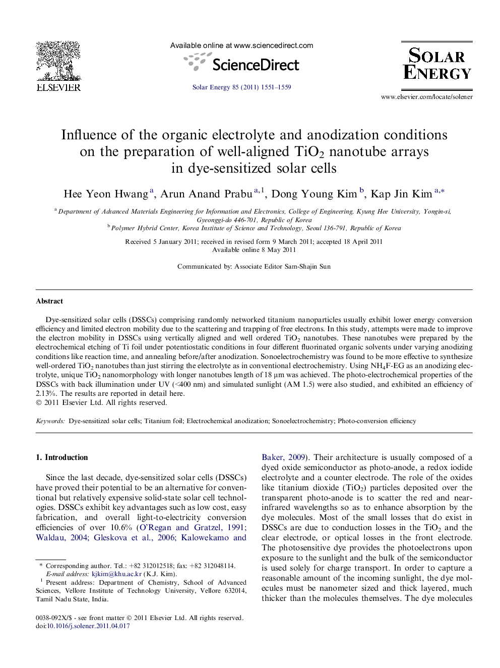 Influence of the organic electrolyte and anodization conditions on the preparation of well-aligned TiO2 nanotube arrays in dye-sensitized solar cells