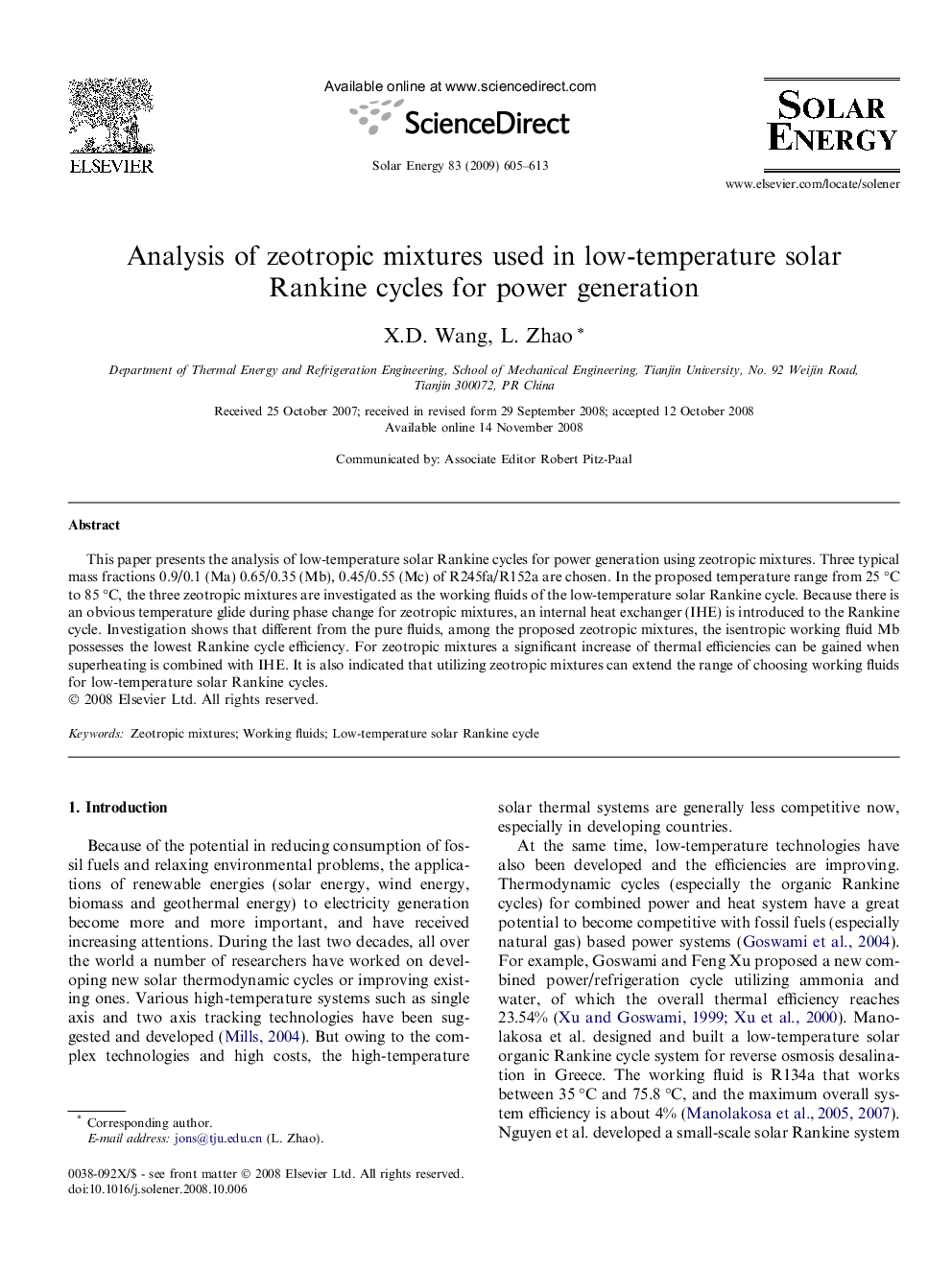 Analysis of zeotropic mixtures used in low-temperature solar Rankine cycles for power generation