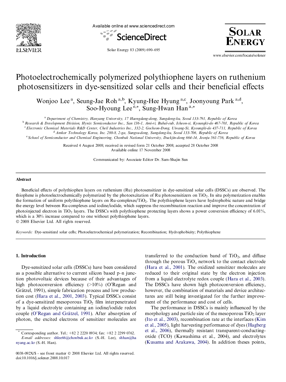 Photoelectrochemically polymerized polythiophene layers on ruthenium photosensitizers in dye-sensitized solar cells and their beneficial effects