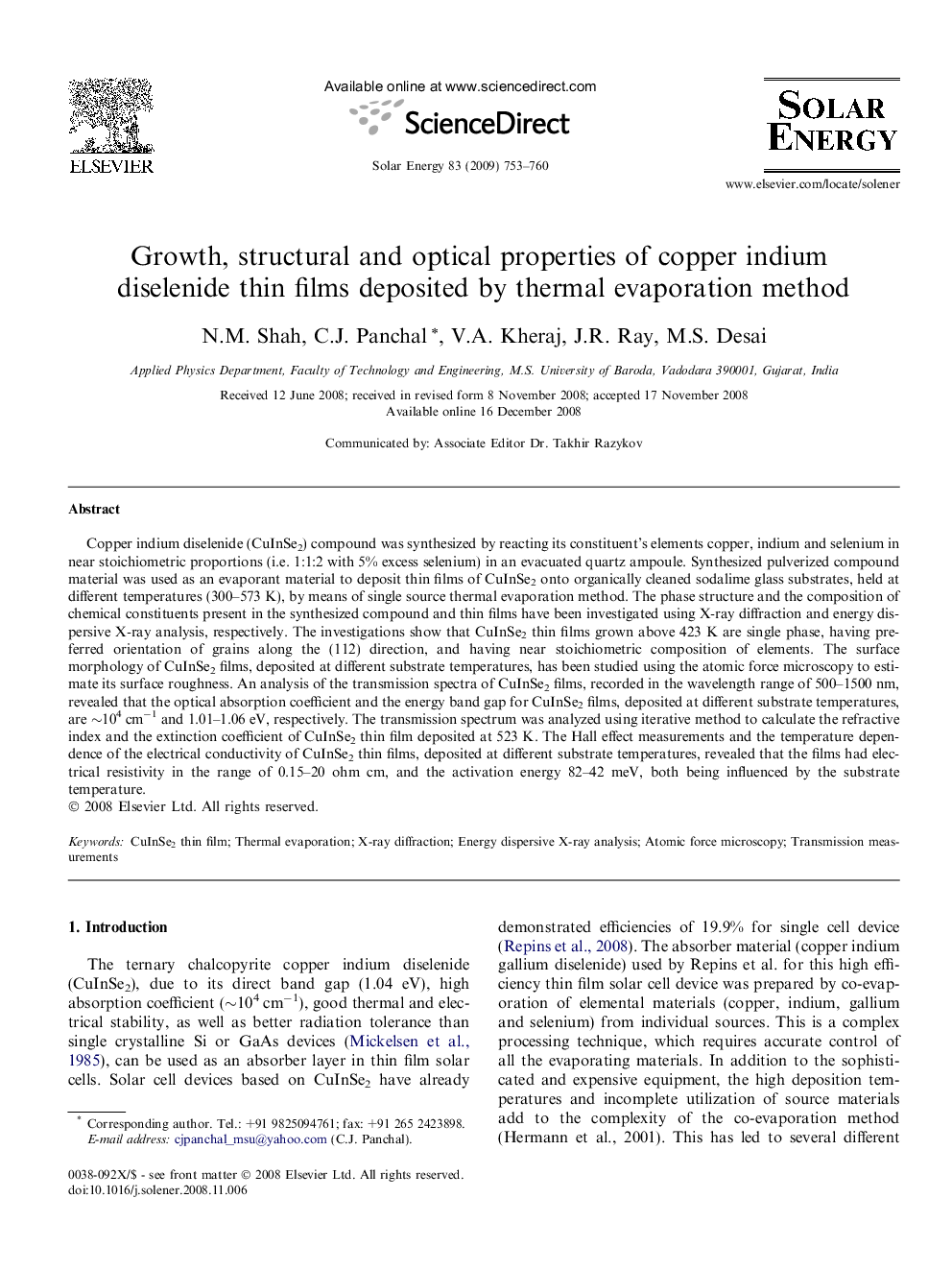 Growth, structural and optical properties of copper indium diselenide thin films deposited by thermal evaporation method