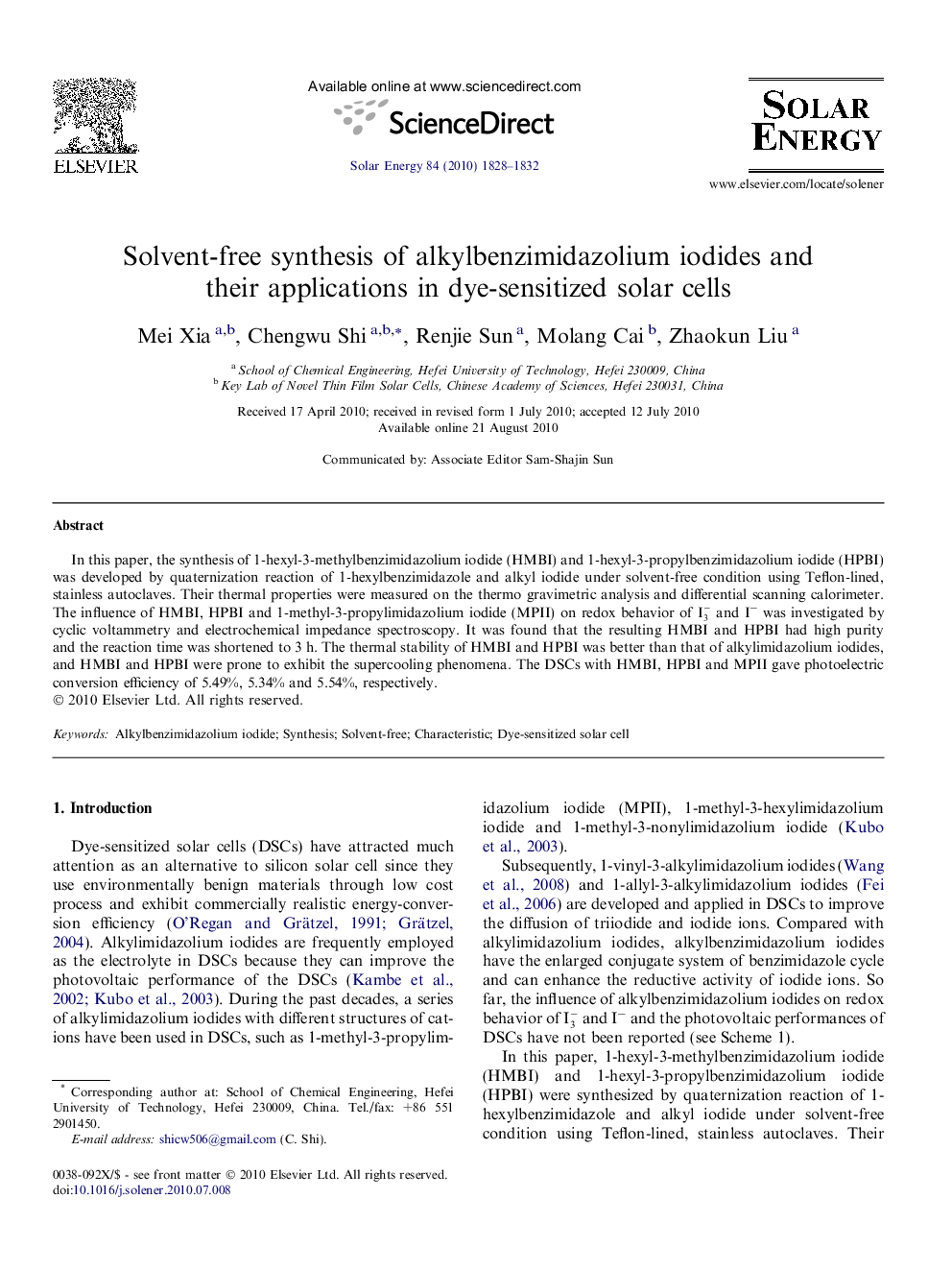 Solvent-free synthesis of alkylbenzimidazolium iodides and their applications in dye-sensitized solar cells