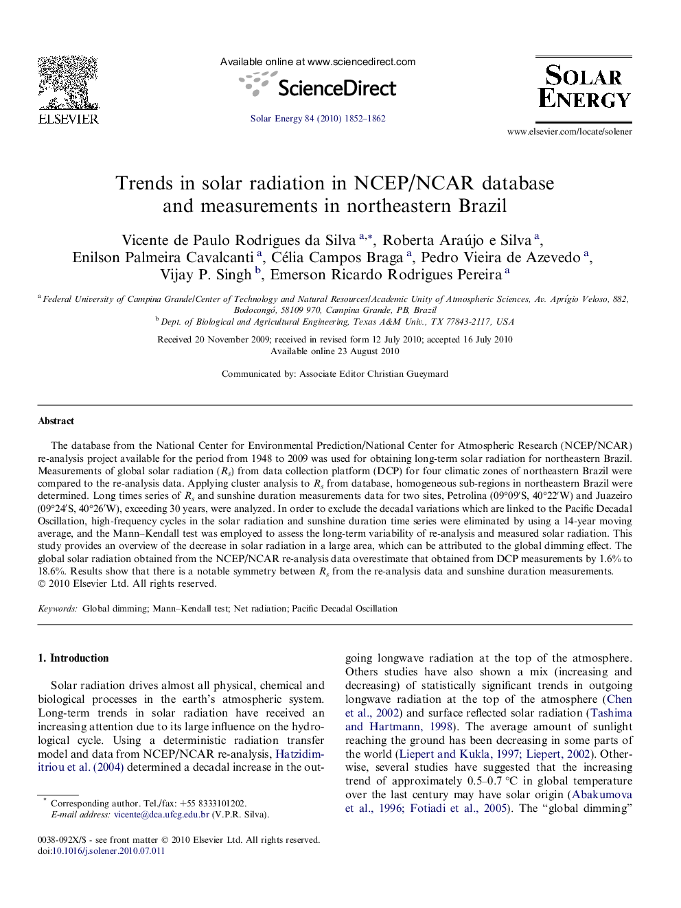 Trends in solar radiation in NCEP/NCAR database and measurements in northeastern Brazil