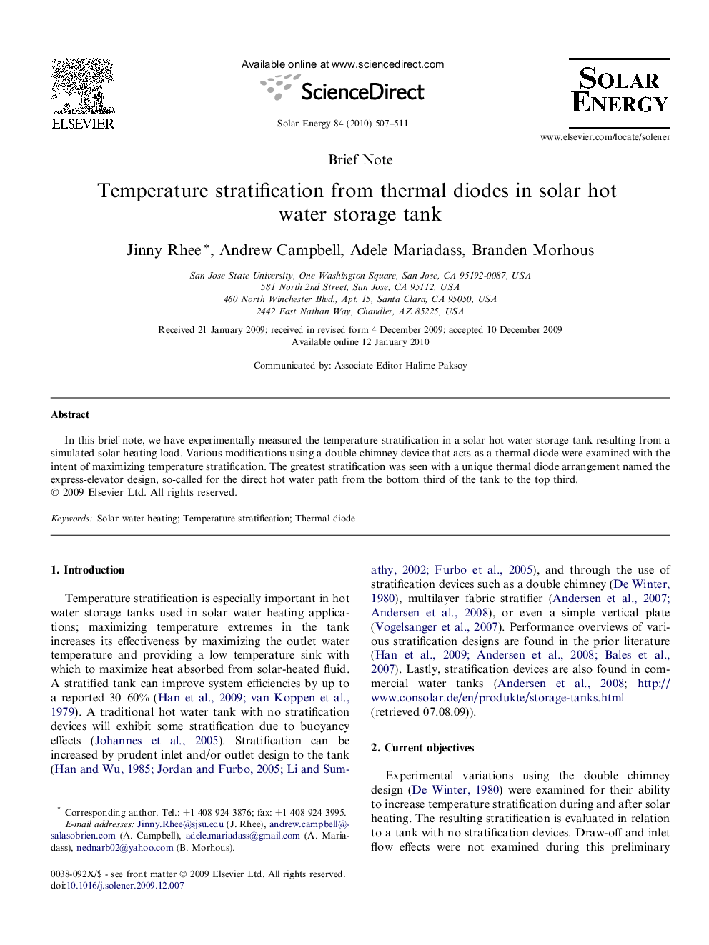 Temperature stratification from thermal diodes in solar hot water storage tank