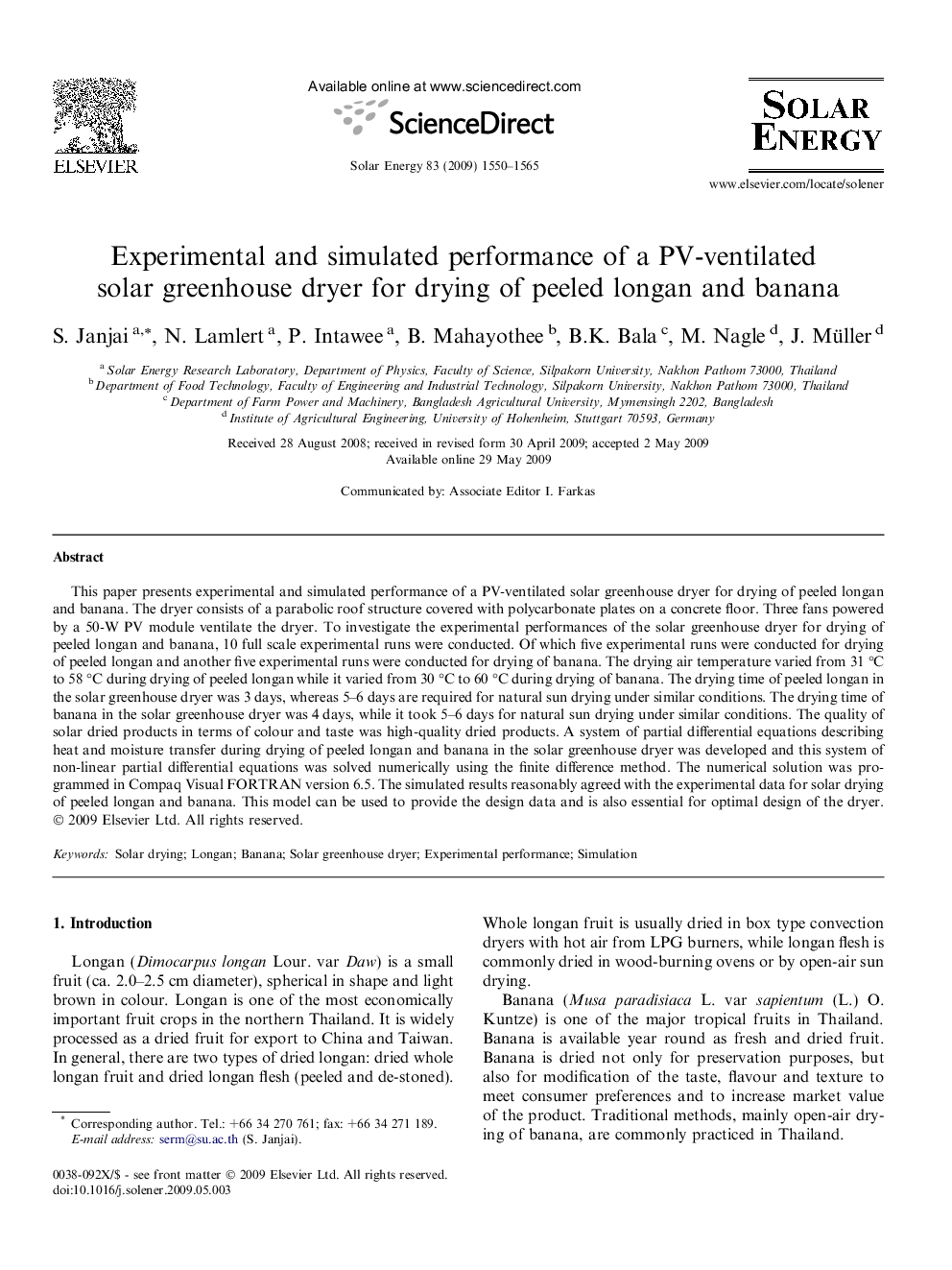 Experimental and simulated performance of a PV-ventilated solar greenhouse dryer for drying of peeled longan and banana