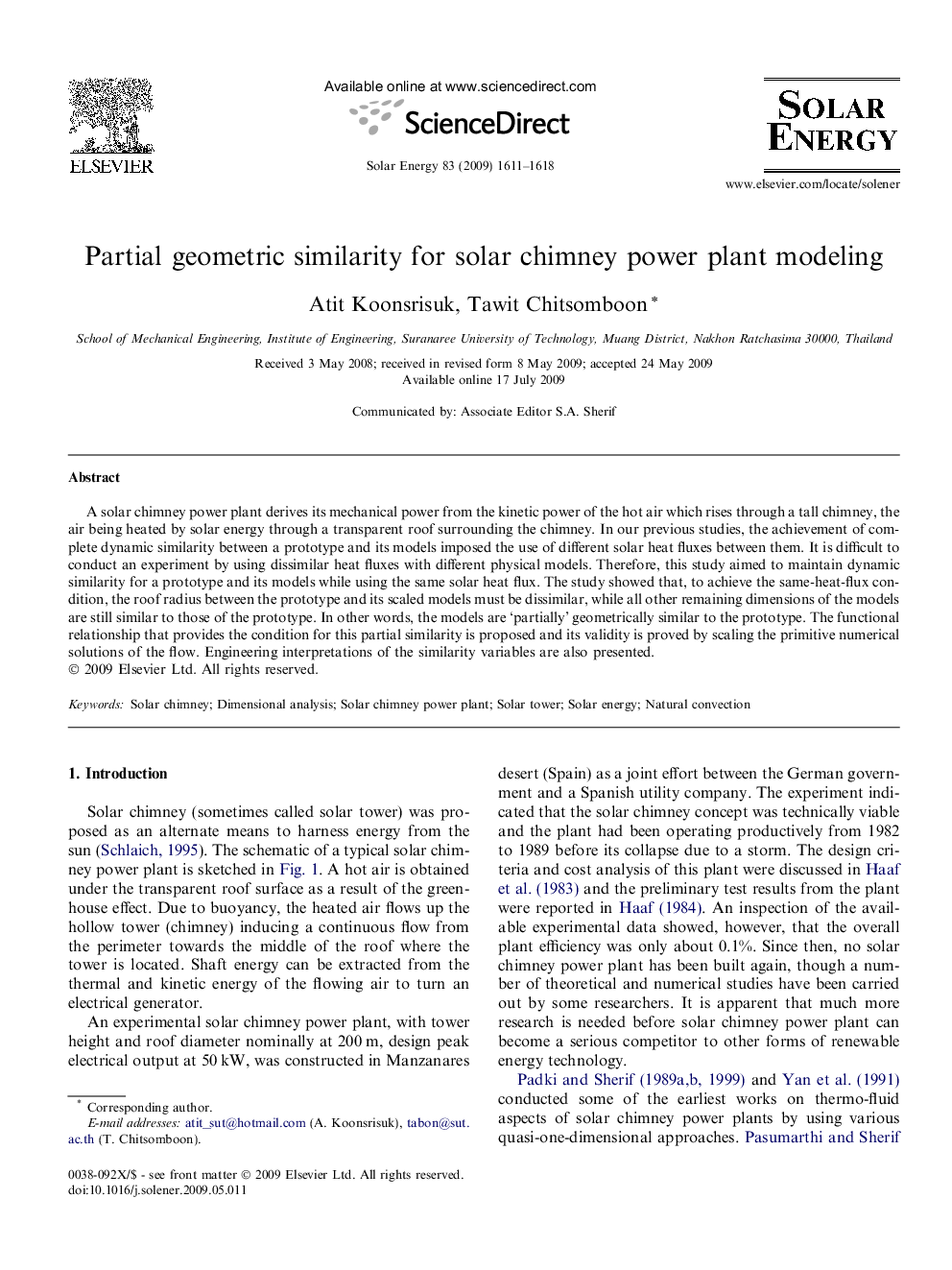 Partial geometric similarity for solar chimney power plant modeling