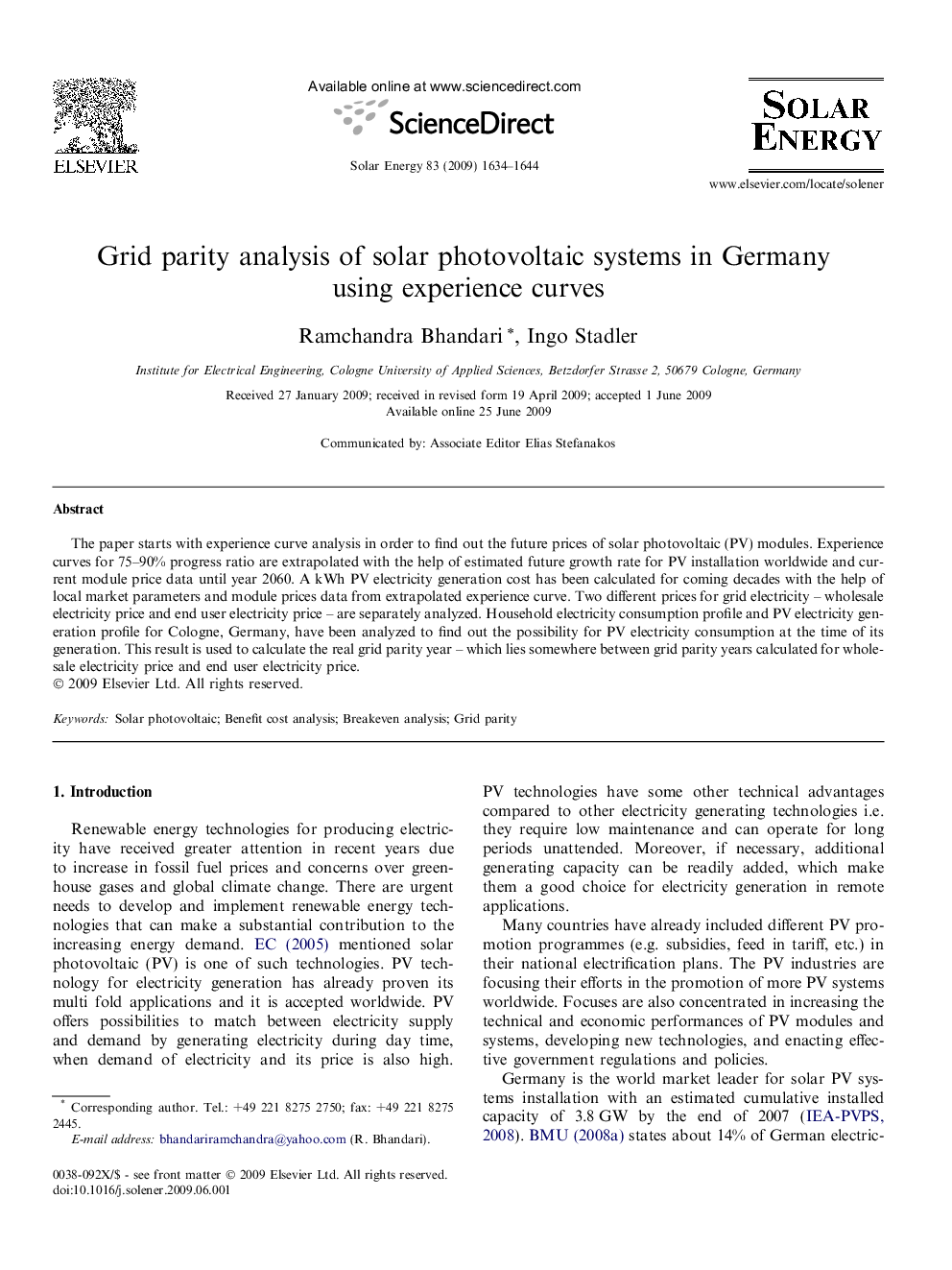 Grid parity analysis of solar photovoltaic systems in Germany using experience curves