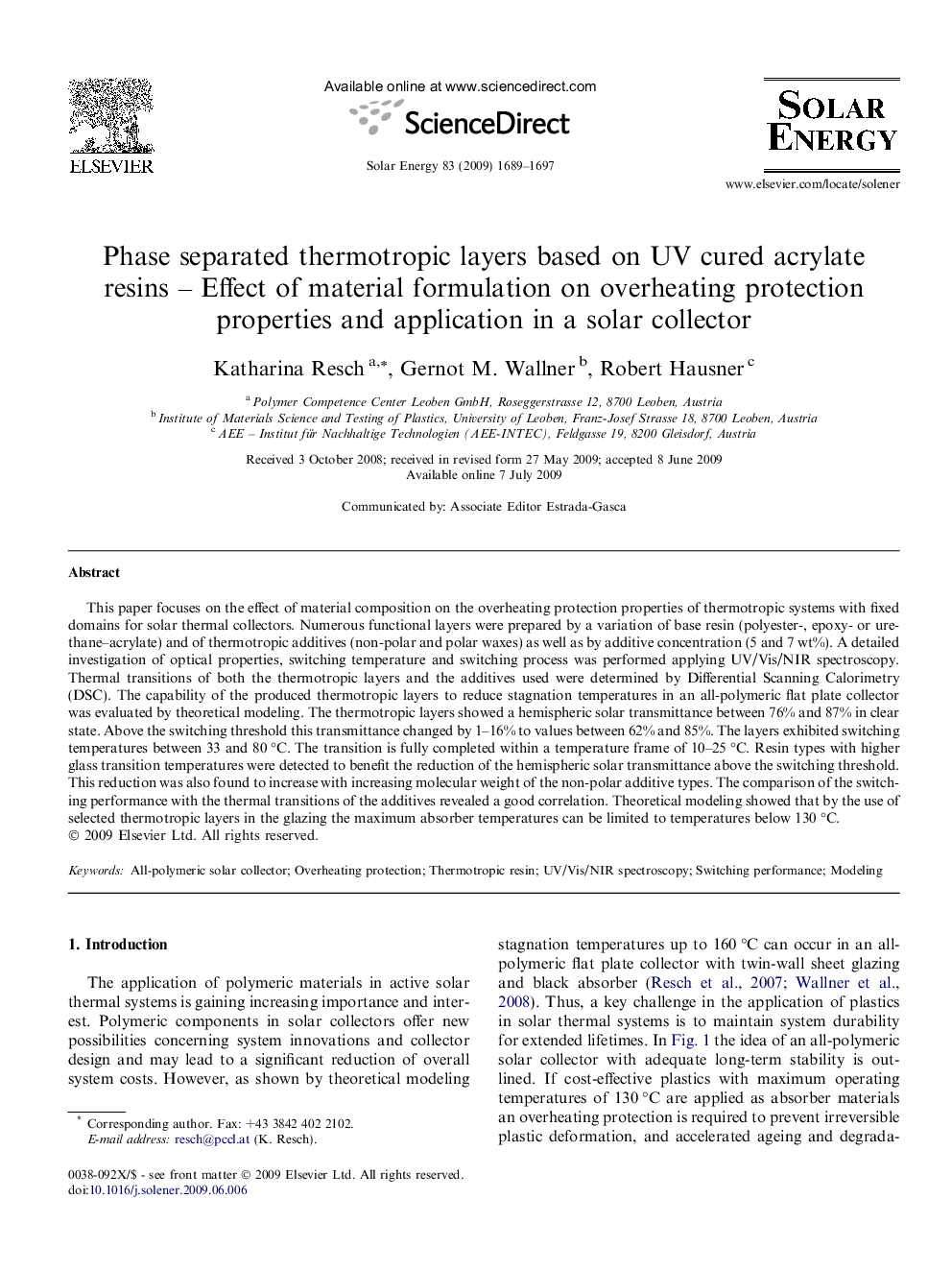 Phase separated thermotropic layers based on UV cured acrylate resins – Effect of material formulation on overheating protection properties and application in a solar collector