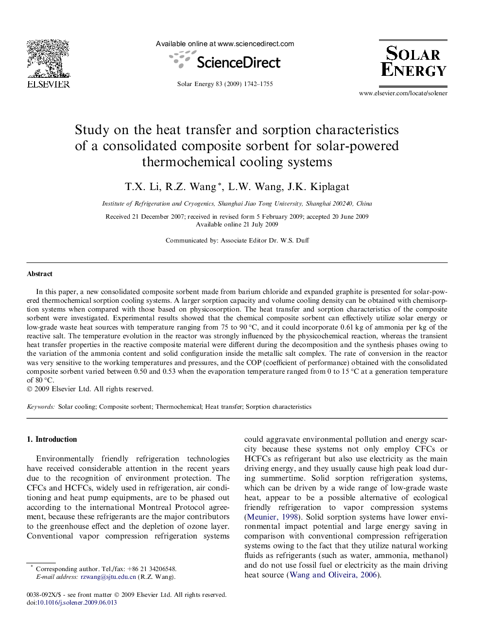 Study on the heat transfer and sorption characteristics of a consolidated composite sorbent for solar-powered thermochemical cooling systems