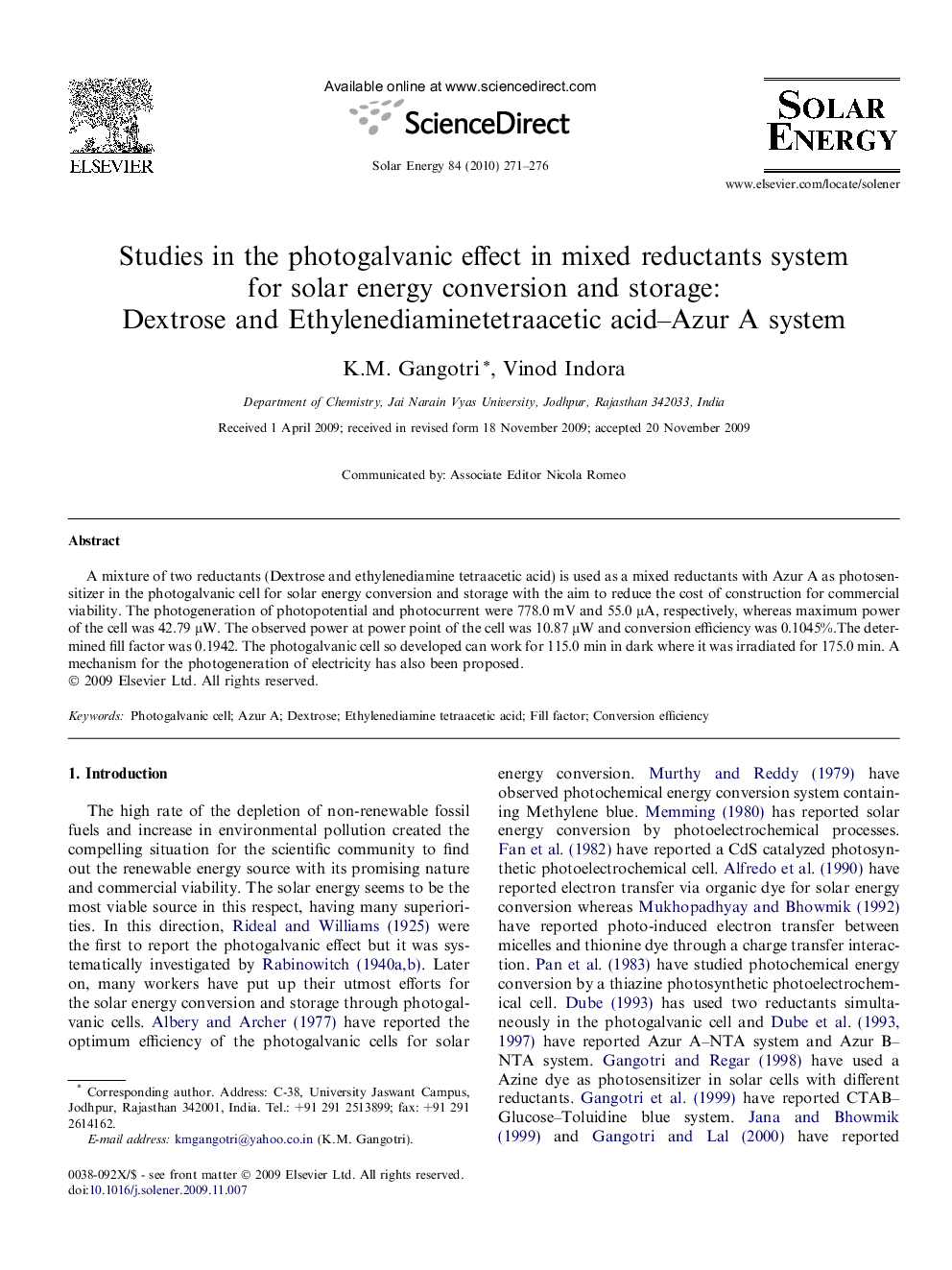 Studies in the photogalvanic effect in mixed reductants system for solar energy conversion and storage: Dextrose and Ethylenediaminetetraacetic acid–Azur A system