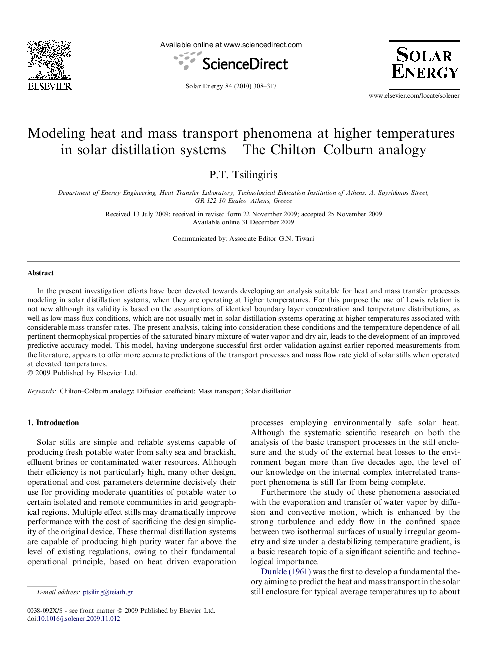 Modeling heat and mass transport phenomena at higher temperatures in solar distillation systems – The Chilton–Colburn analogy