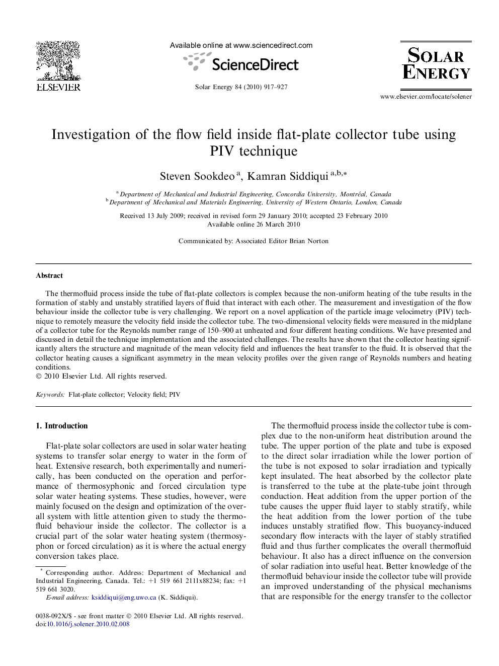 Investigation of the flow field inside flat-plate collector tube using PIV technique