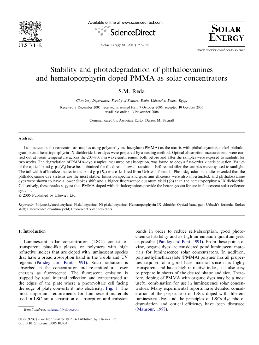 عکس صفحه اول مقاله: Stability and photodegradation of phthalocyanines and hematoporphyrin doped PMMA as solar concentrators Stability and photodegradation of phthalocyanines and hematoporphyrin doped PMMA as solar concentrators
