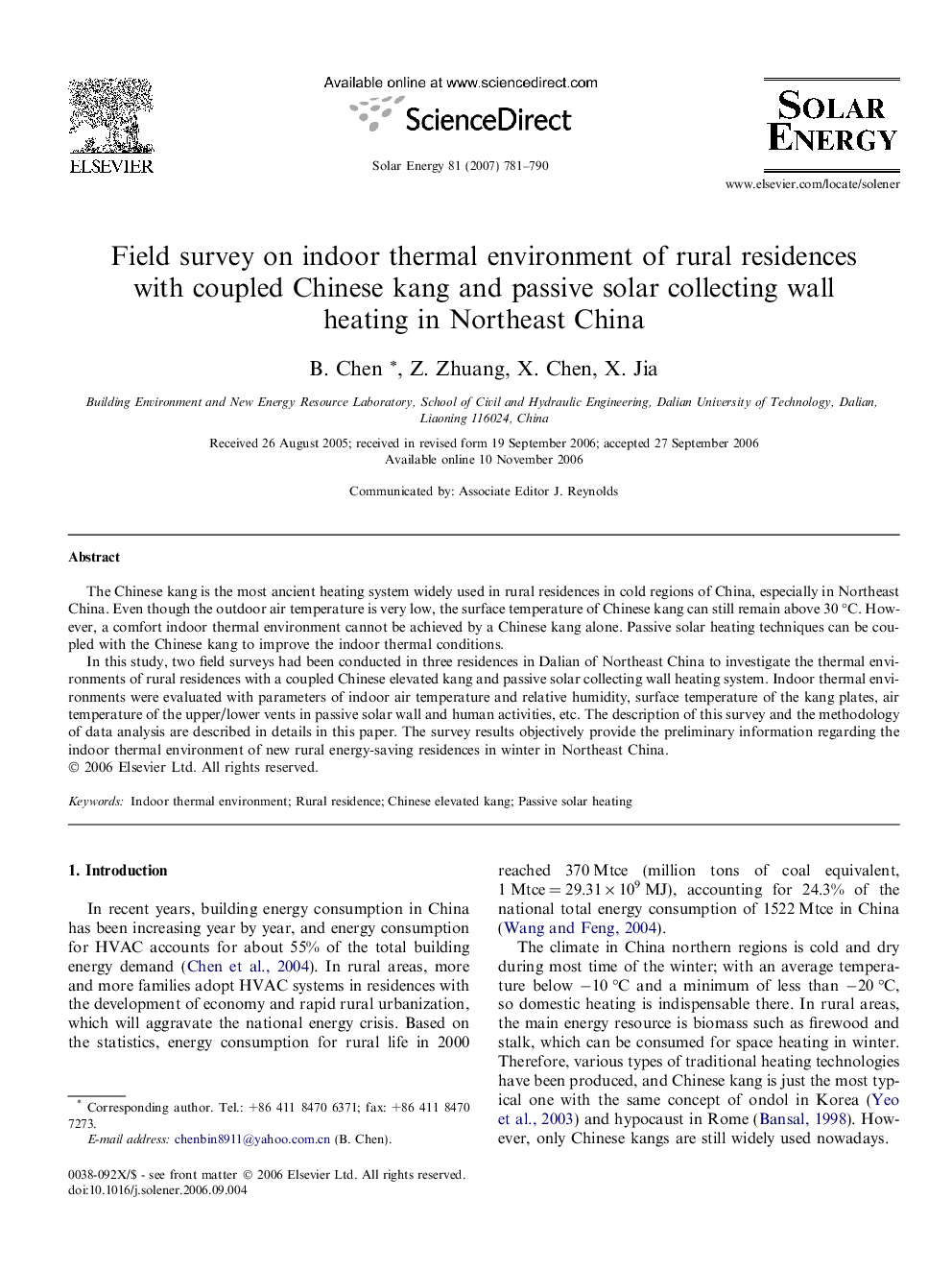 عکس صفحه اول مقاله: Field survey on indoor thermal environment of rural residences with coupled Chinese kang and passive solar collecting wall heating in Northeast China Field survey on indoor thermal environment of rural residences with coupled Chinese kang and passive solar collecting wall heating in Northeast China