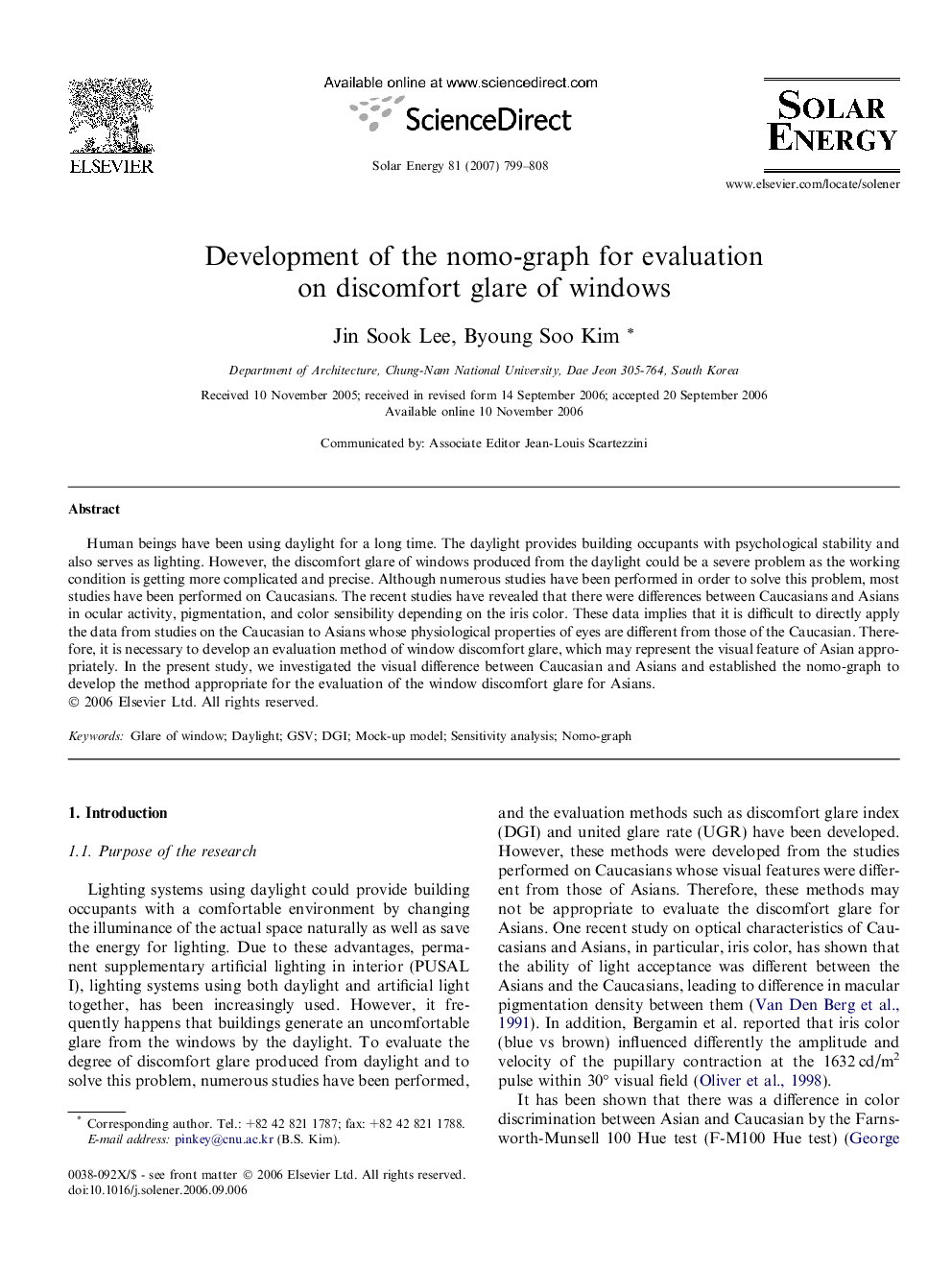 Development of the nomo-graph for evaluation on discomfort glare of windows