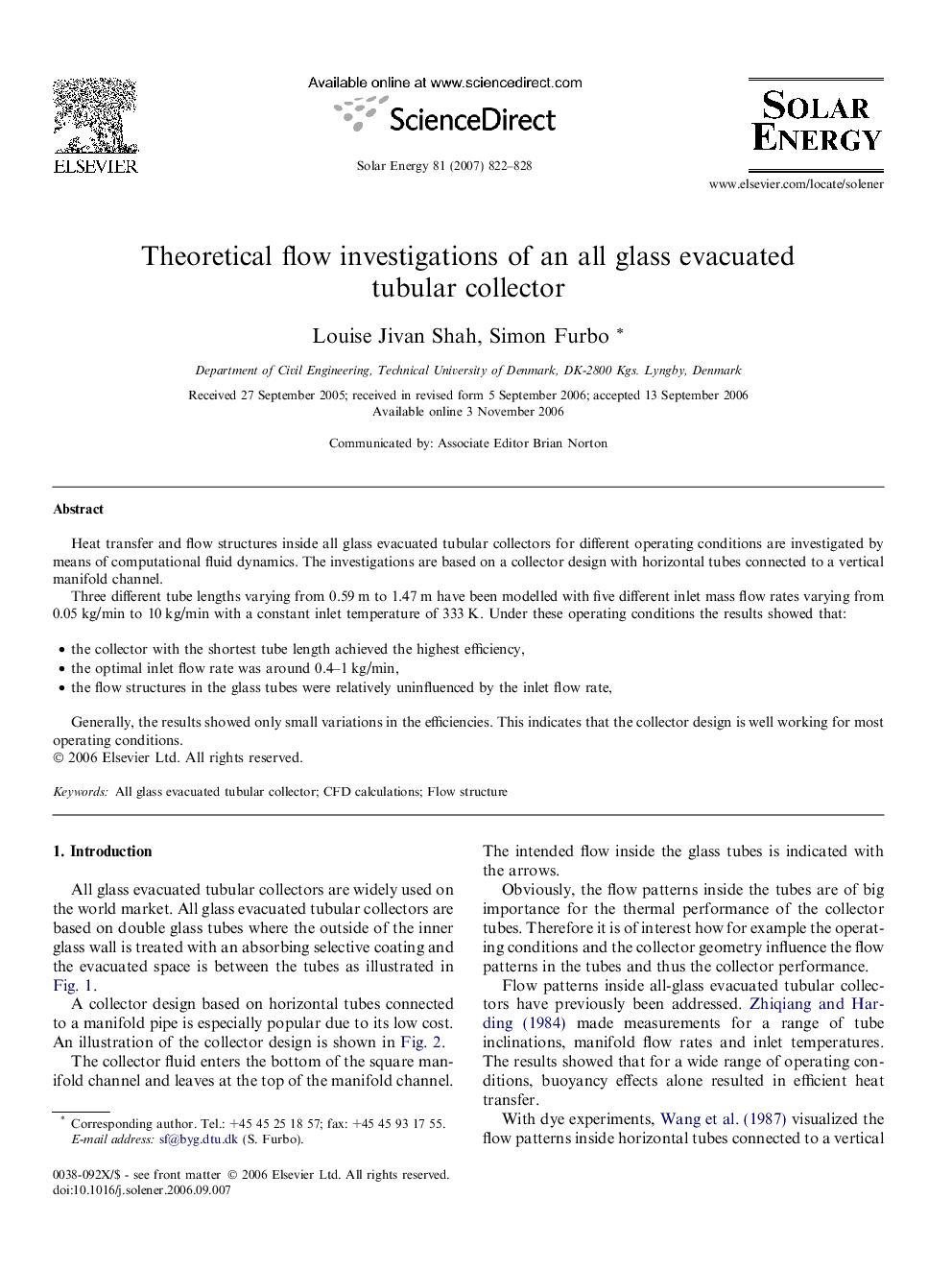 Theoretical flow investigations of an all glass evacuated tubular collector