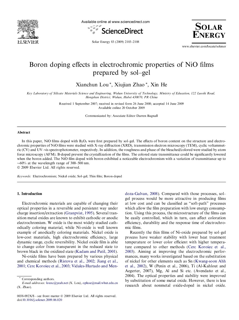 Boron doping effects in electrochromic properties of NiO films prepared by sol–gel