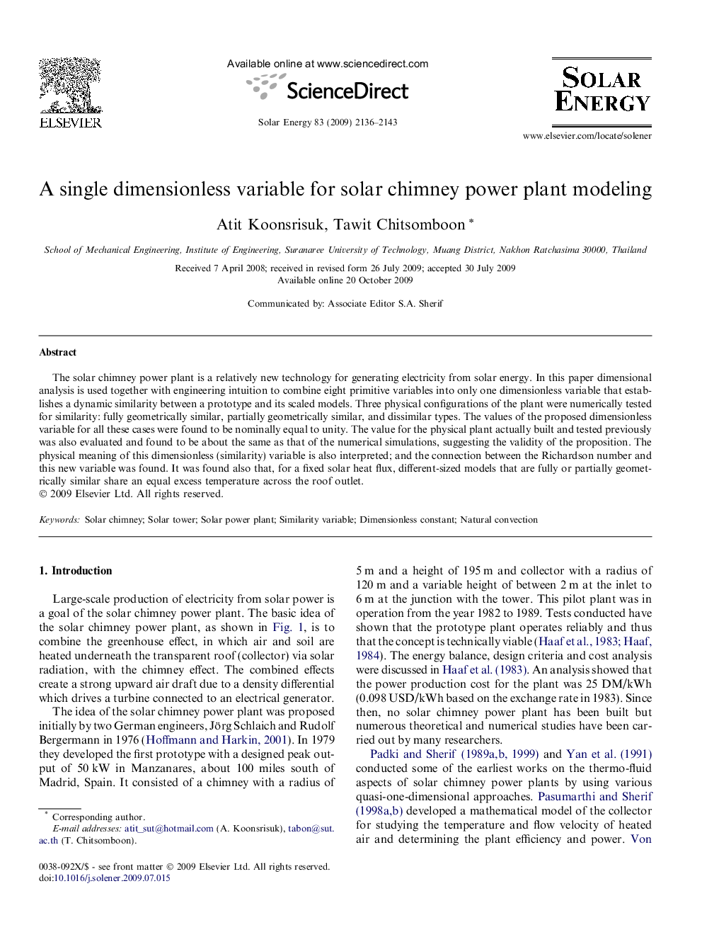 A single dimensionless variable for solar chimney power plant modeling