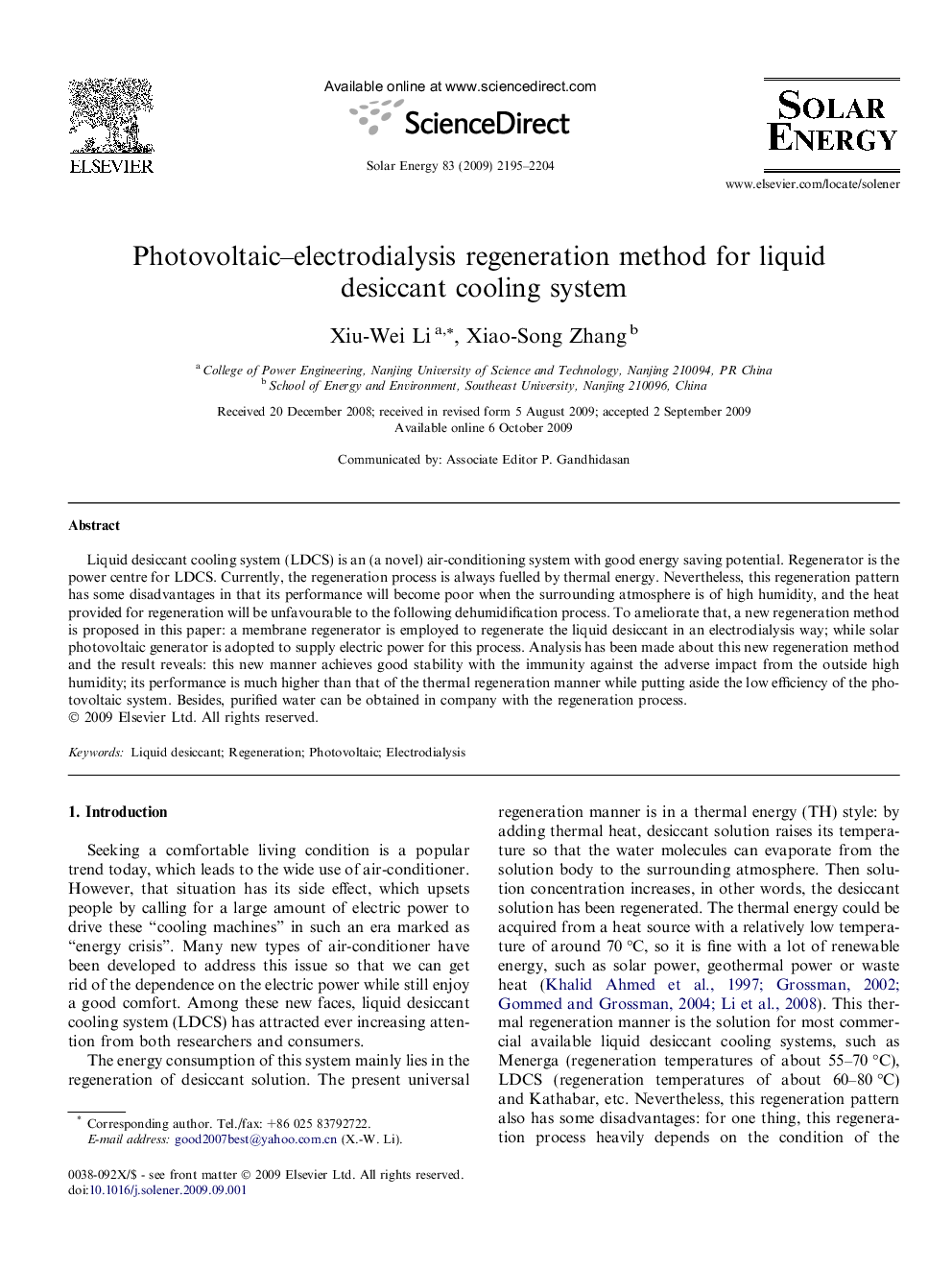 Photovoltaic–electrodialysis regeneration method for liquid desiccant cooling system