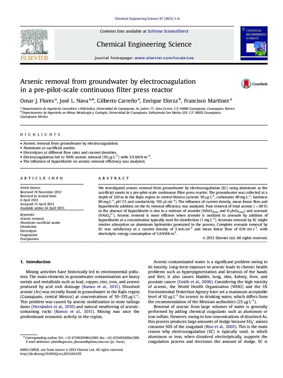 Arsenic removal from groundwater by electrocoagulation in a pre-pilot-scale continuous filter press reactor
