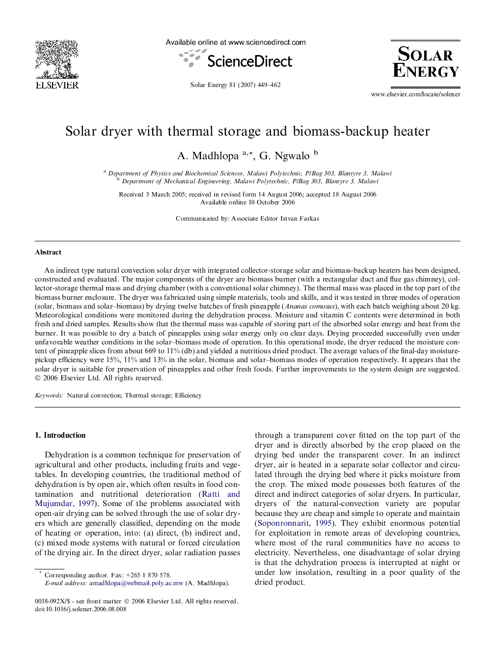 Solar dryer with thermal storage and biomass-backup heater