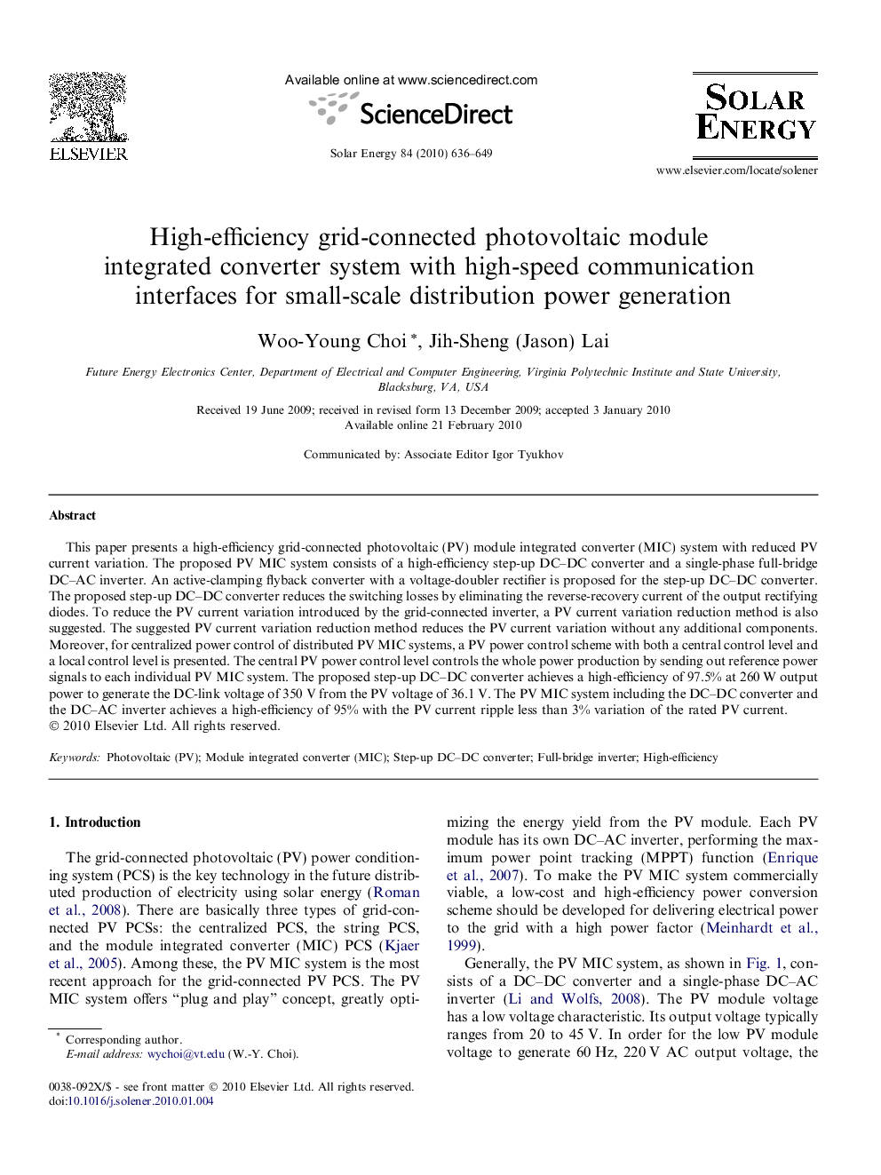 High-efficiency grid-connected photovoltaic module integrated converter system with high-speed communication interfaces for small-scale distribution power generation