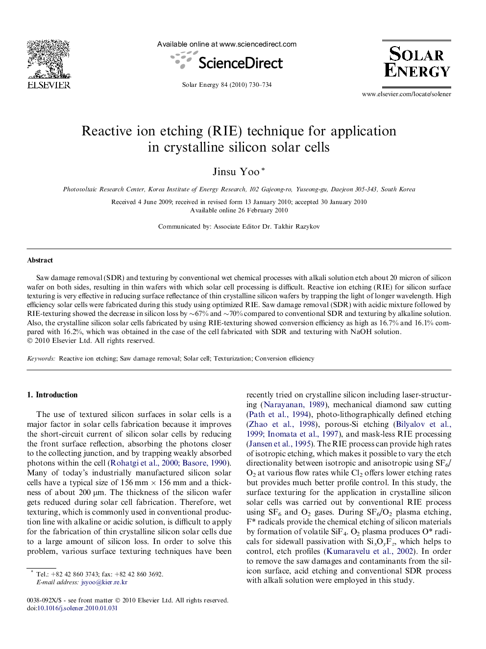 Reactive ion etching (RIE) technique for application in crystalline silicon solar cells