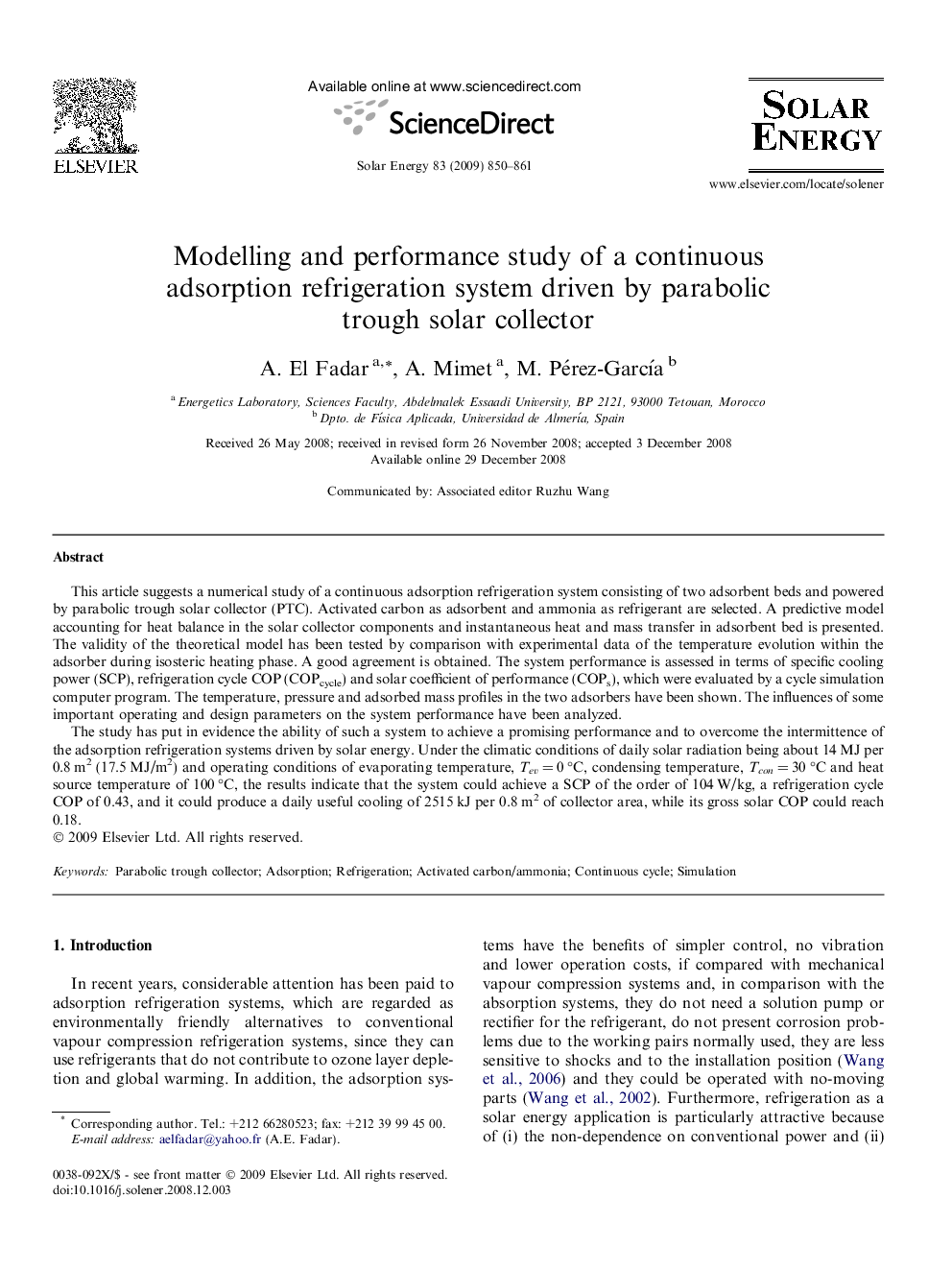 Modelling and performance study of a continuous adsorption refrigeration system driven by parabolic trough solar collector