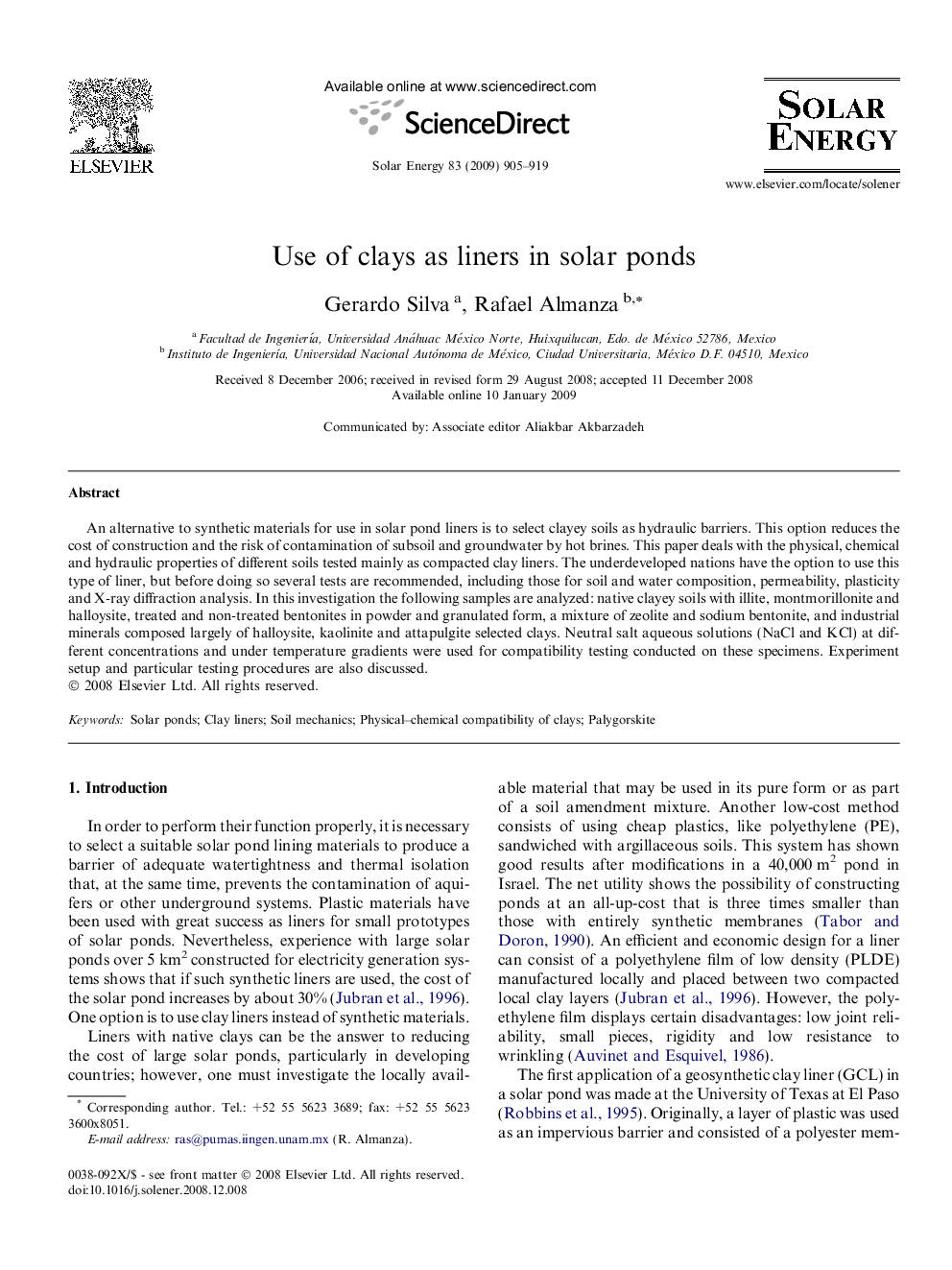 Use of clays as liners in solar ponds