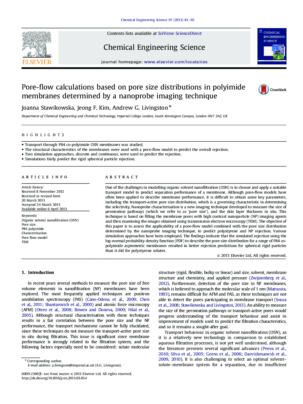 Pore-flow calculations based on pore size distributions in polyimide membranes determined by a nanoprobe imaging technique