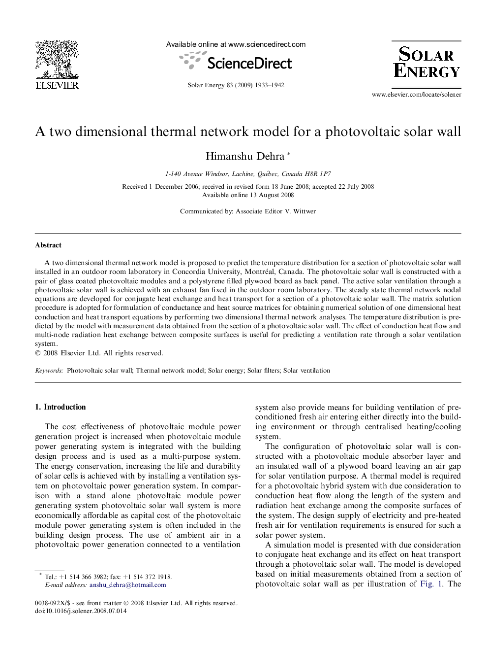 A two dimensional thermal network model for a photovoltaic solar wall