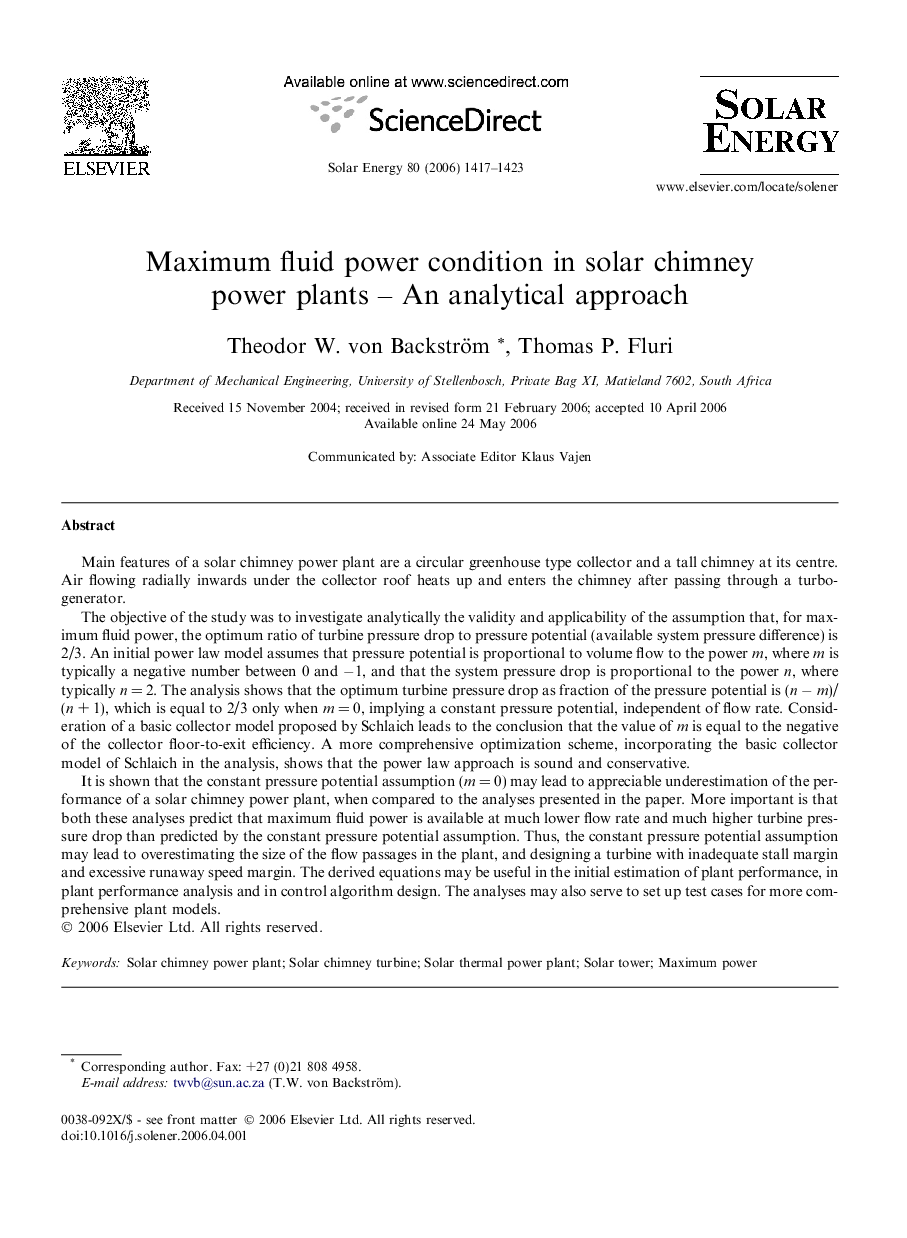 Maximum fluid power condition in solar chimney power plants – An analytical approach