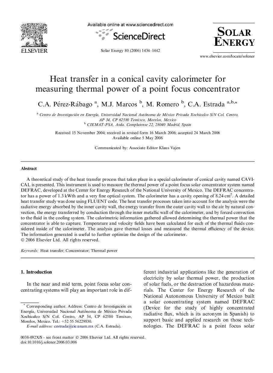 Heat transfer in a conical cavity calorimeter for measuring thermal power of a point focus concentrator