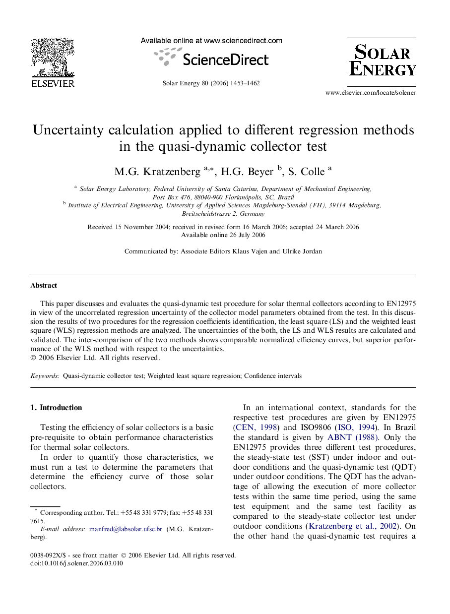 Uncertainty calculation applied to different regression methods in the quasi-dynamic collector test