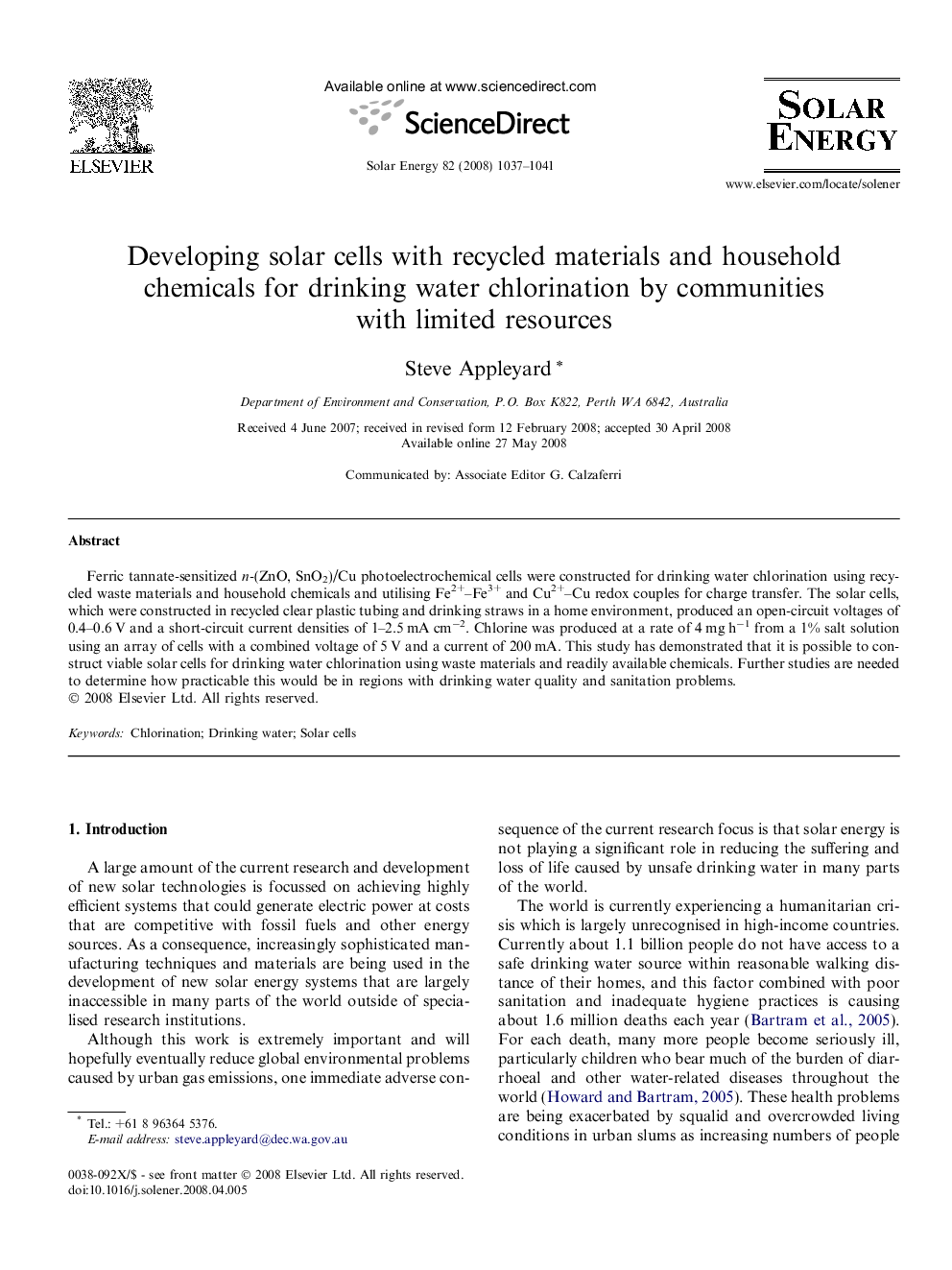 Developing solar cells with recycled materials and household chemicals for drinking water chlorination by communities with limited resources