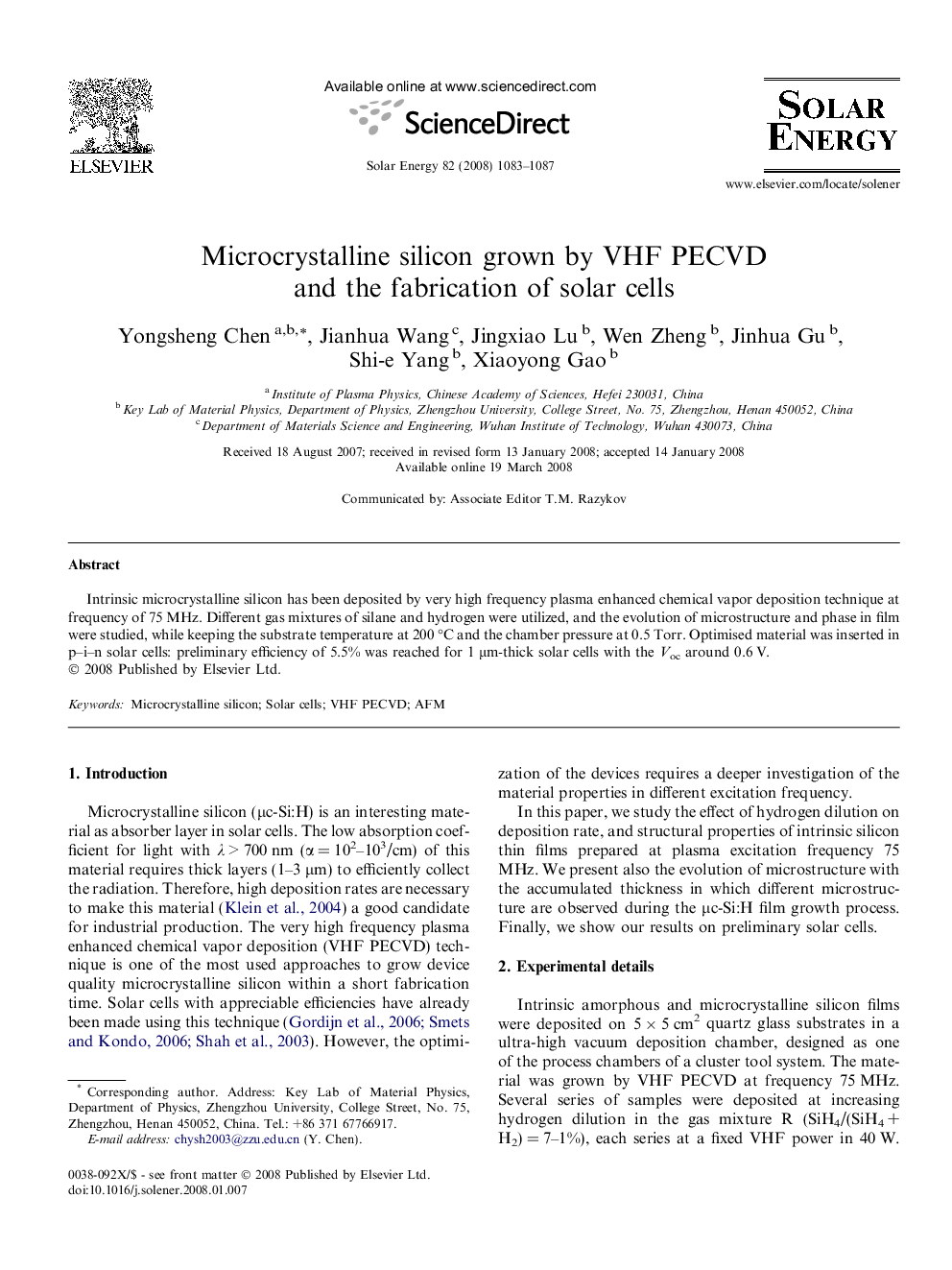 Microcrystalline silicon grown by VHF PECVD and the fabrication of solar cells