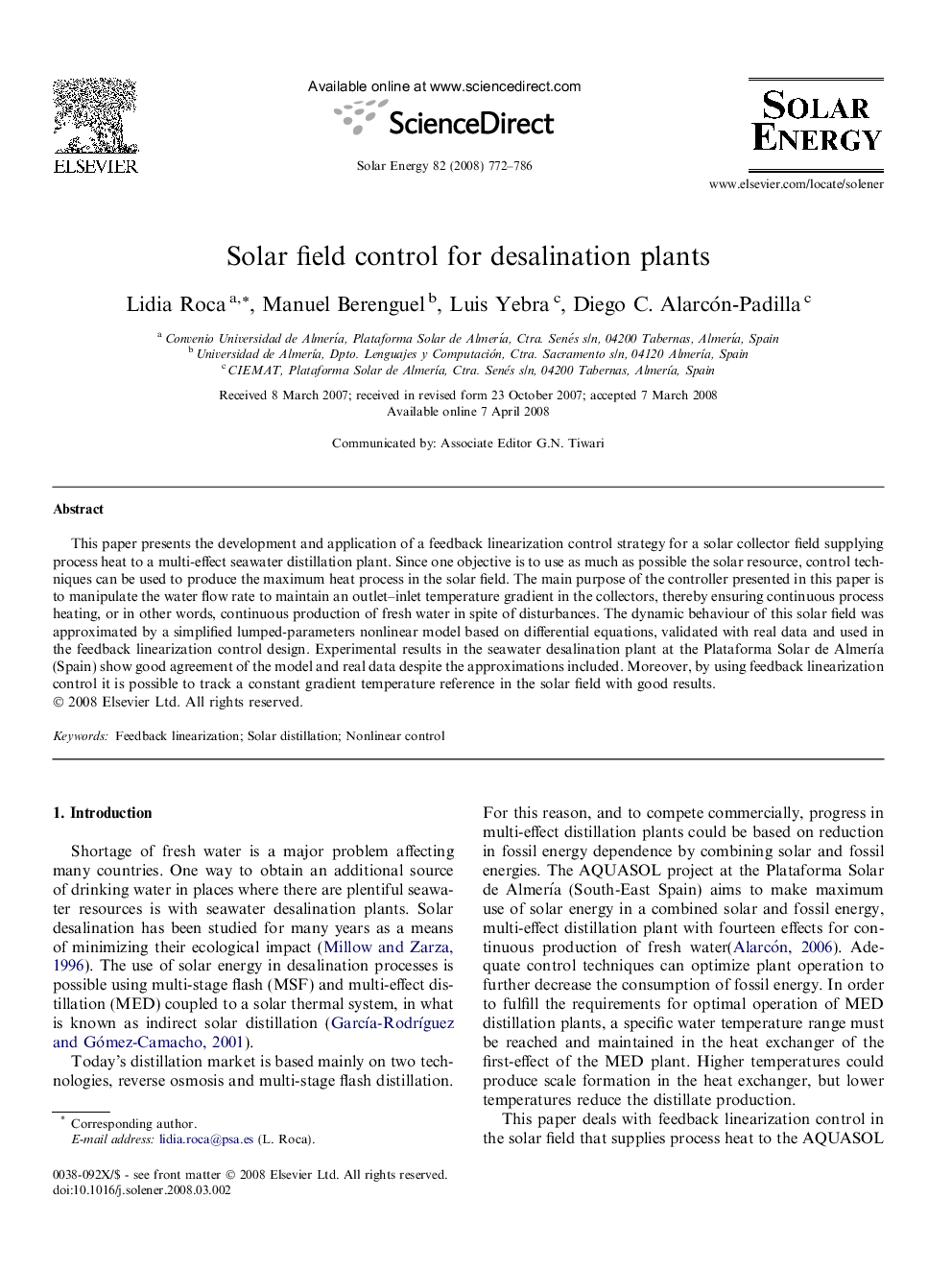 Solar field control for desalination plants