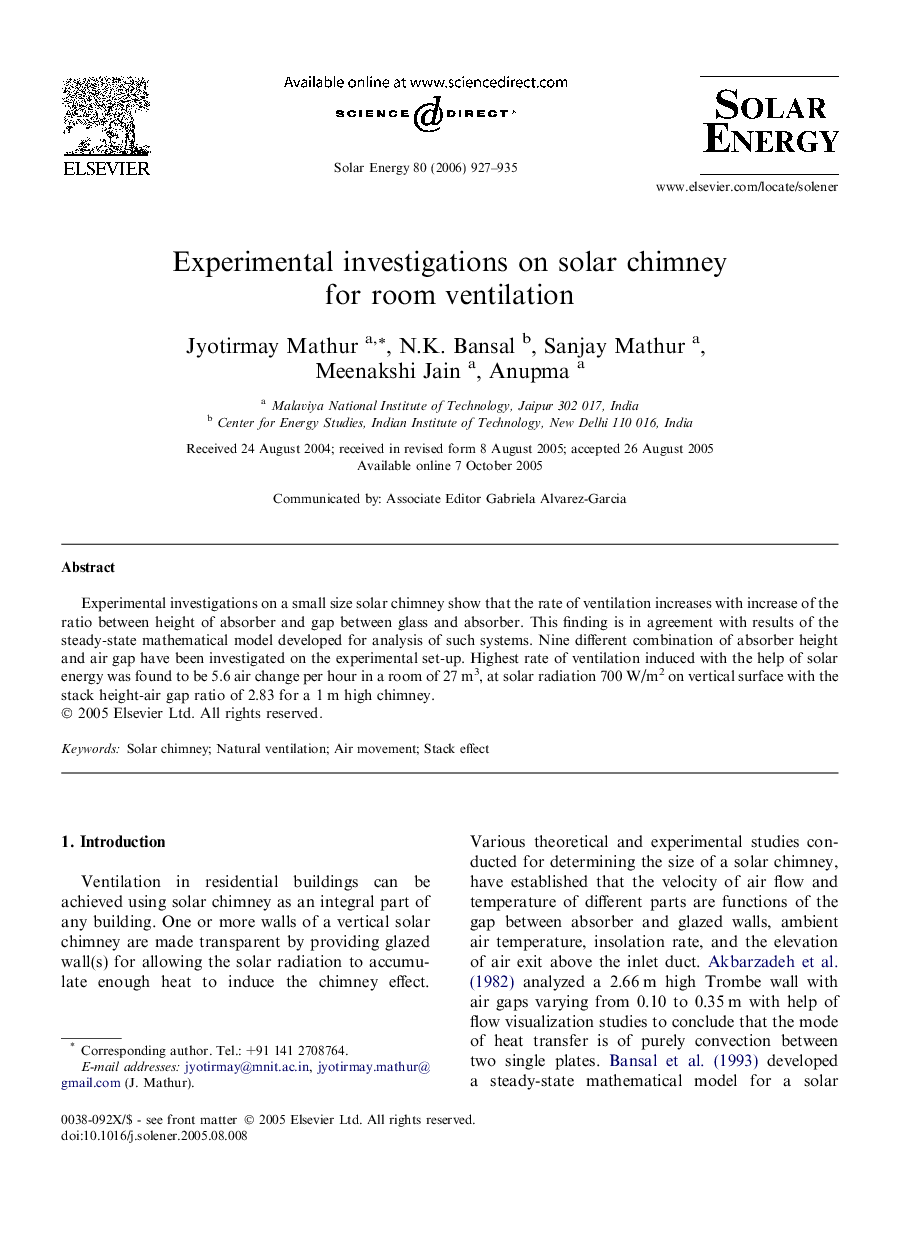 Experimental investigations on solar chimney for room ventilation