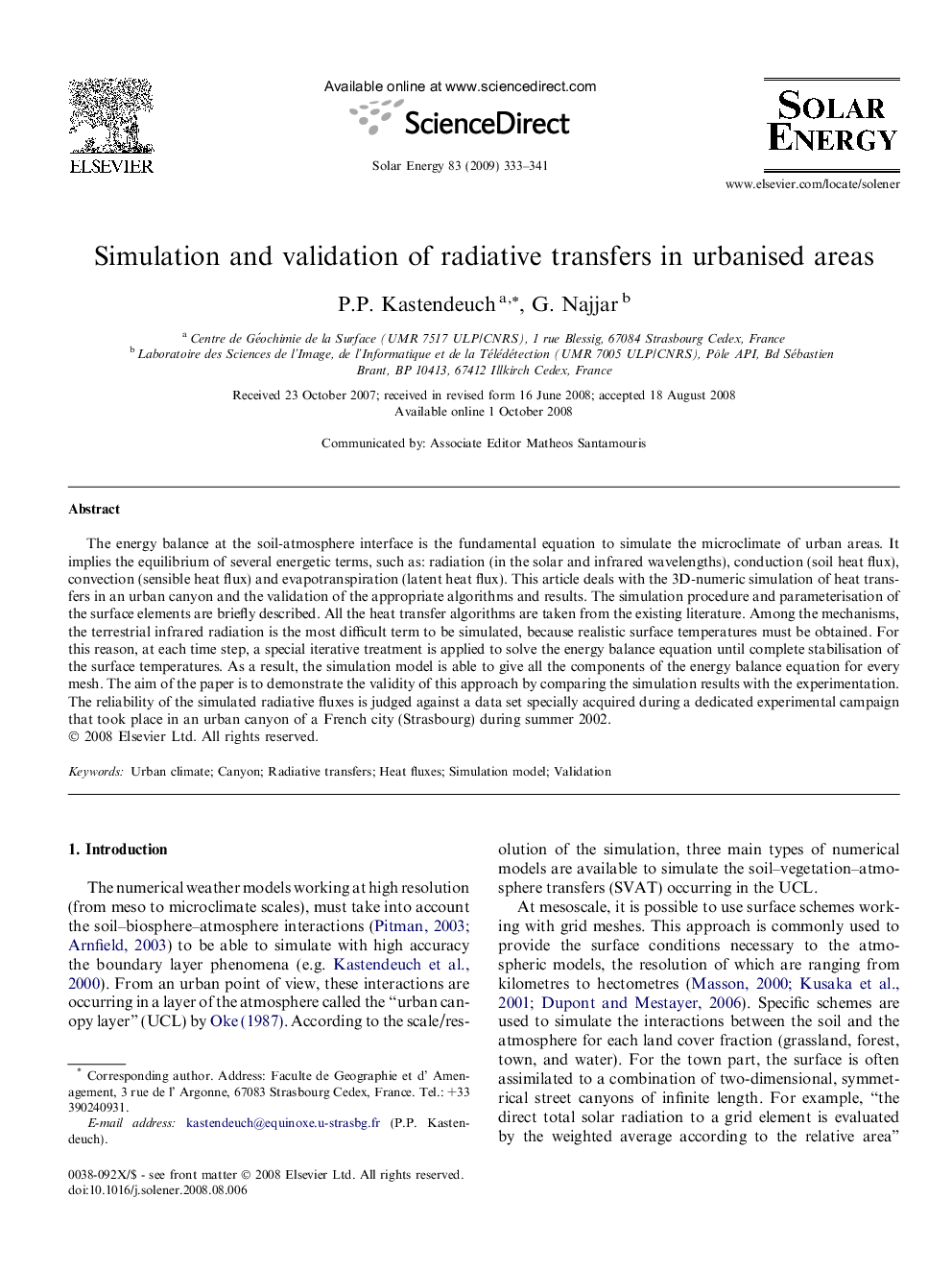 Simulation and validation of radiative transfers in urbanised areas