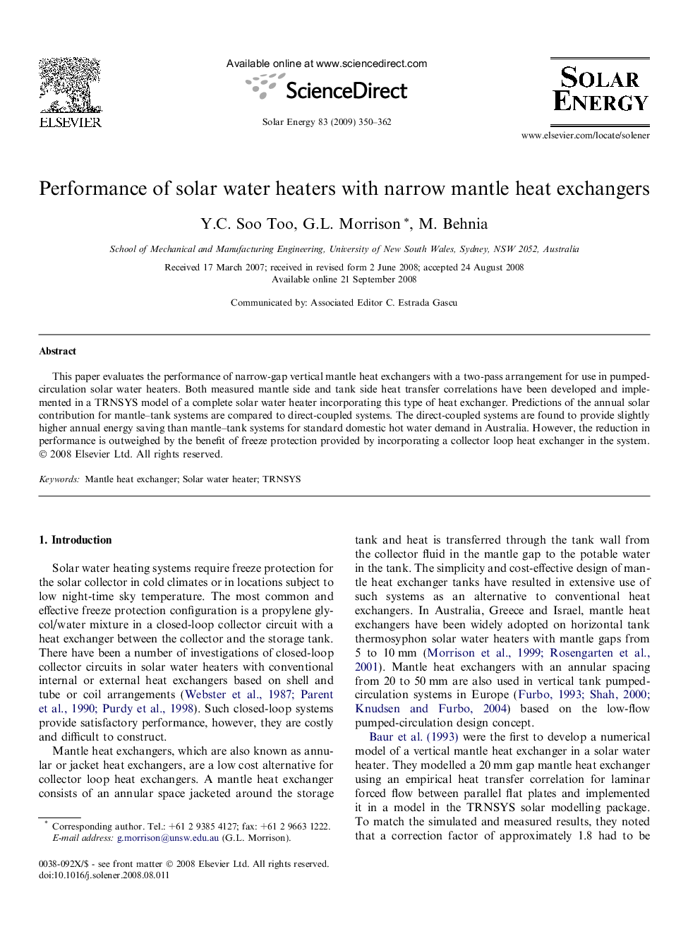 Performance of solar water heaters with narrow mantle heat exchangers