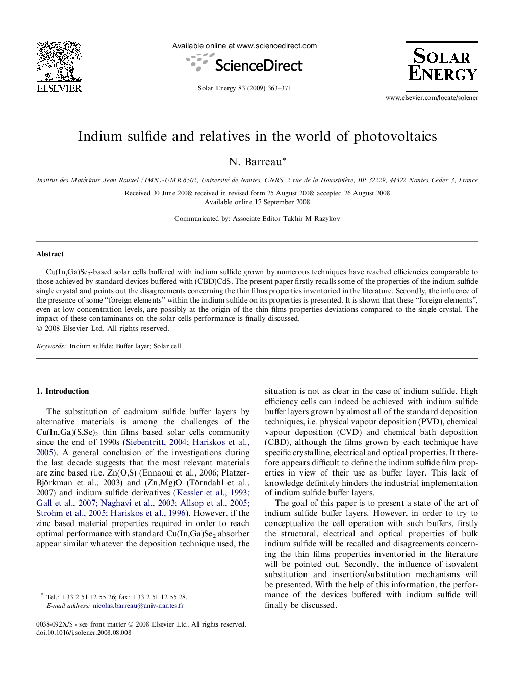 Indium sulfide and relatives in the world of photovoltaics