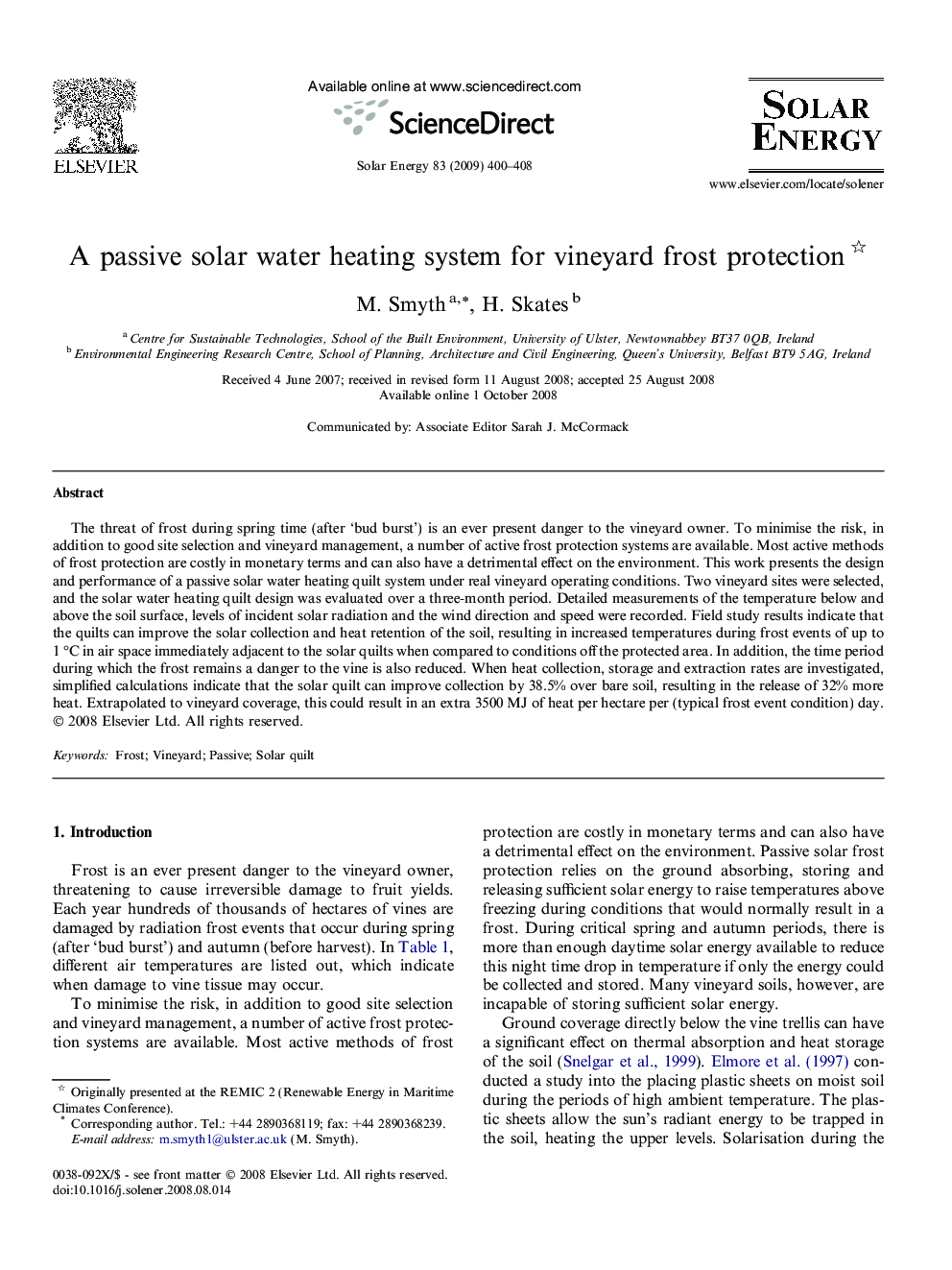 A passive solar water heating system for vineyard frost protection 