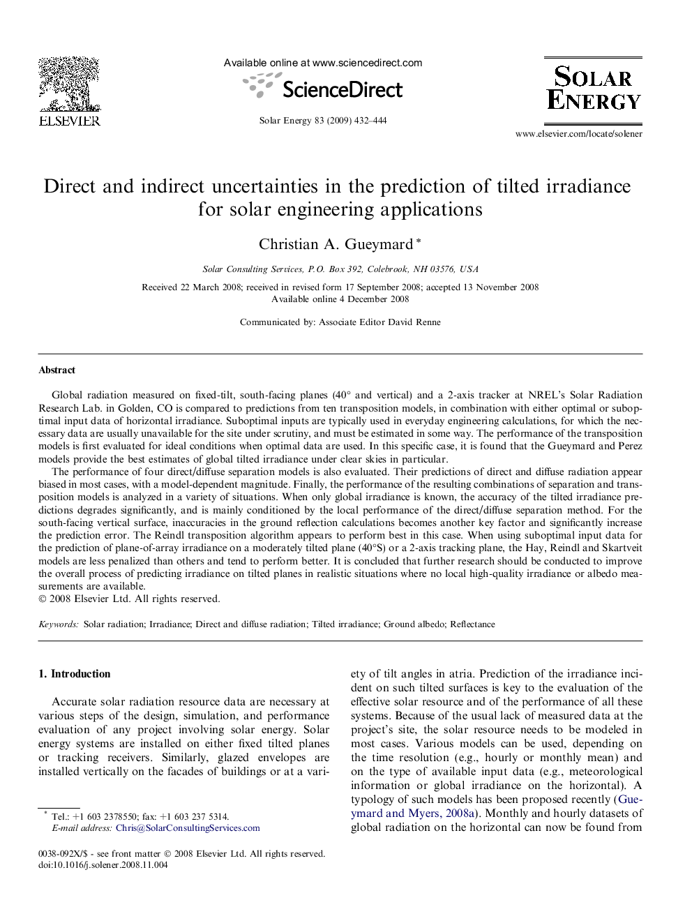 Direct and indirect uncertainties in the prediction of tilted irradiance for solar engineering applications