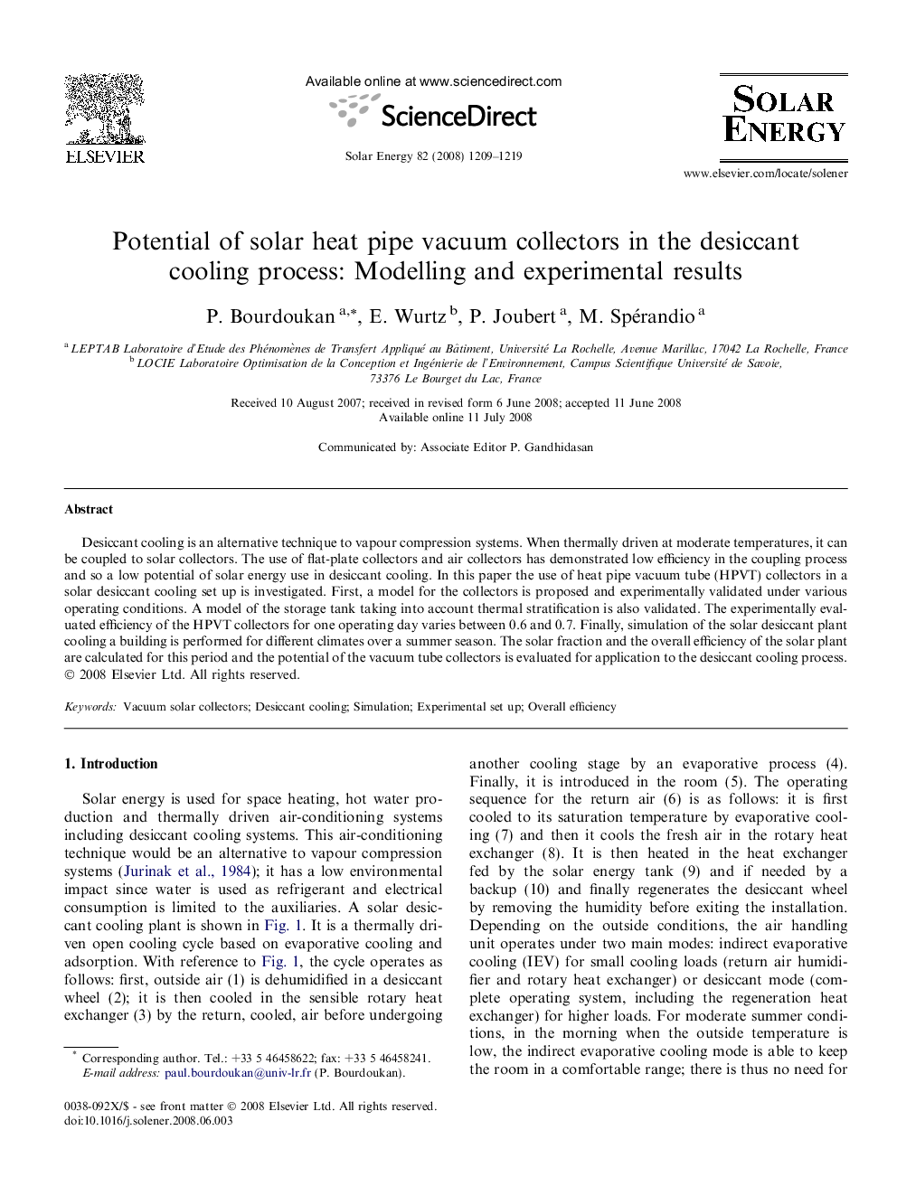 Potential of solar heat pipe vacuum collectors in the desiccant cooling process: Modelling and experimental results