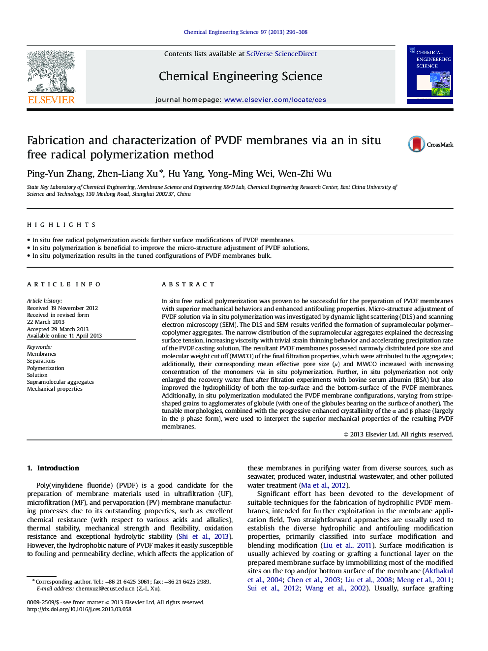 Fabrication and characterization of PVDF membranes via an in situ free radical polymerization method