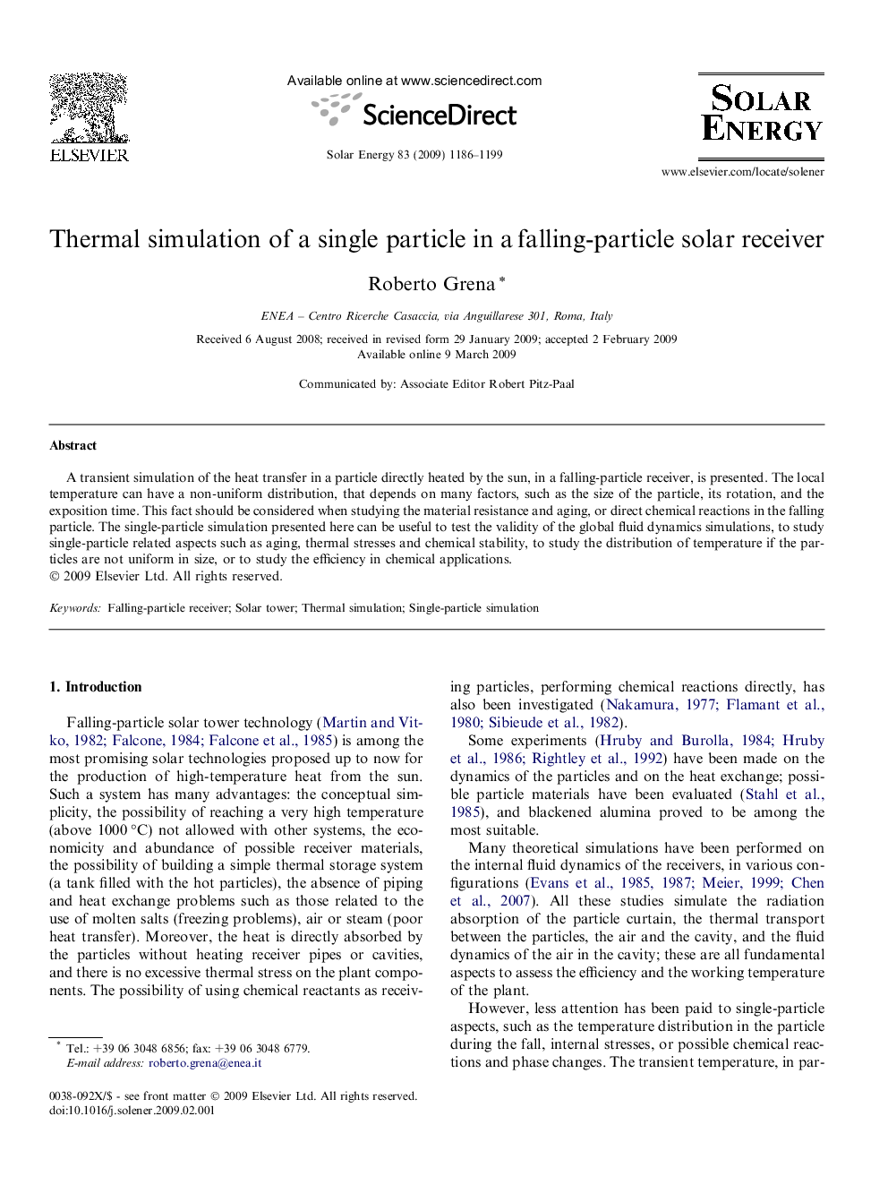 Thermal simulation of a single particle in a falling-particle solar receiver