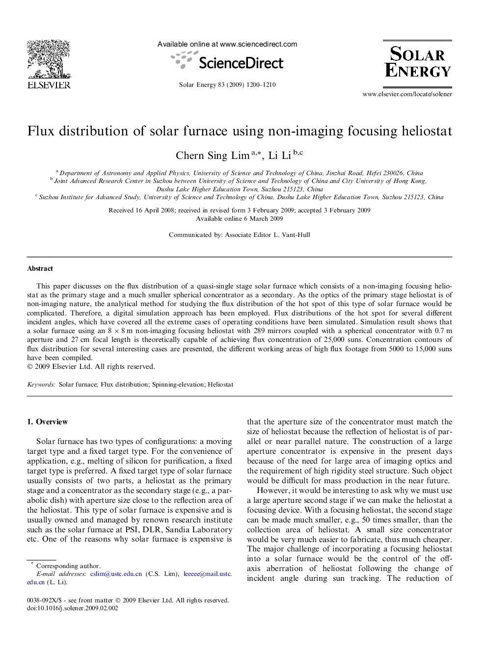 Flux distribution of solar furnace using non-imaging focusing heliostat