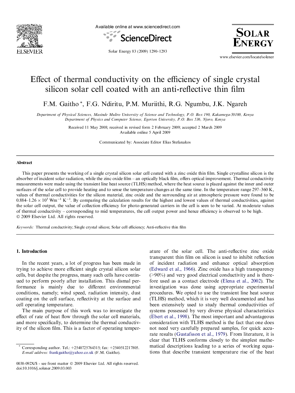 Effect of thermal conductivity on the efficiency of single crystal silicon solar cell coated with an anti-reflective thin film